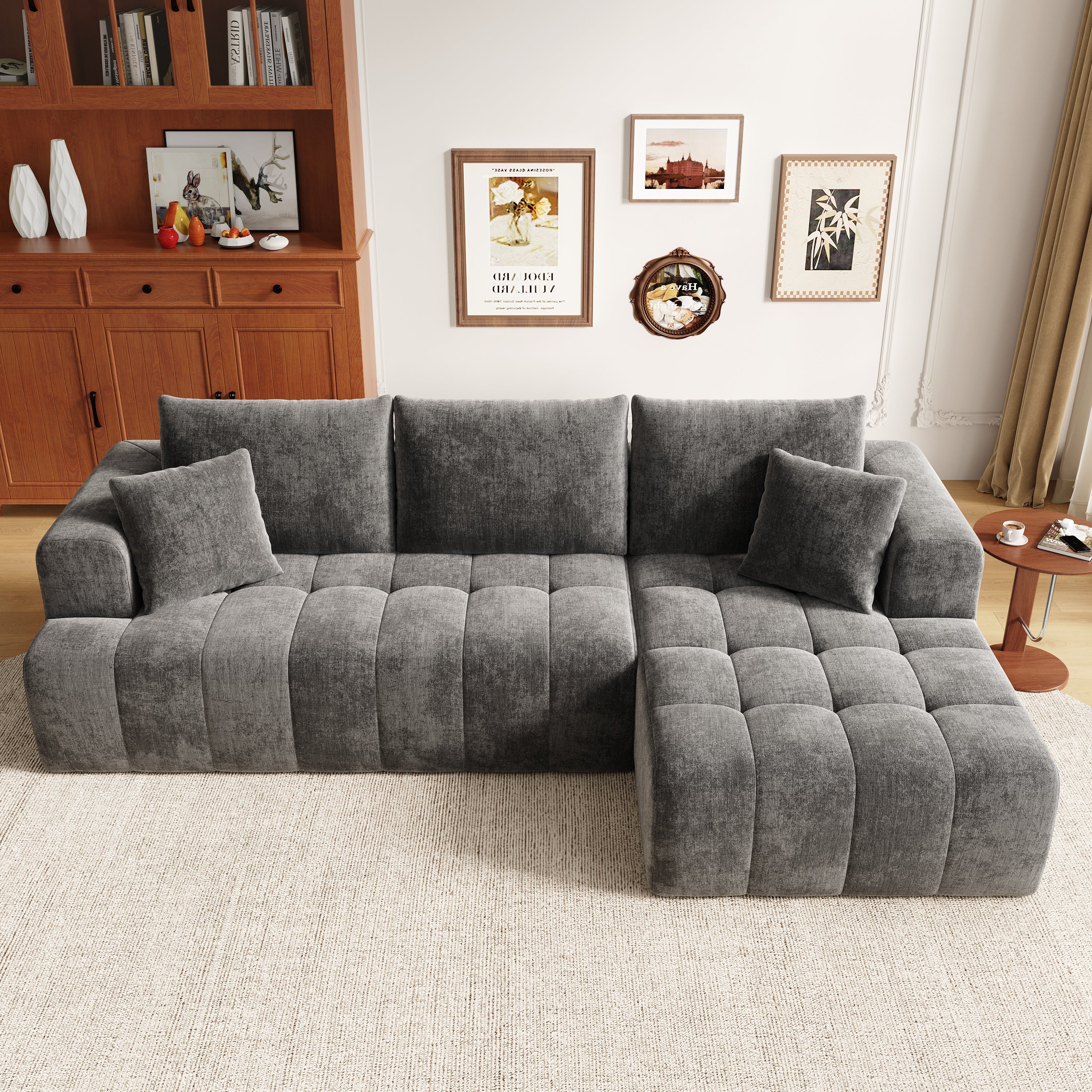 Modular L-shaped Corner Cloud Sofa, Frameless Low-Profile Design, Gray Chenille Fabric - Image 2