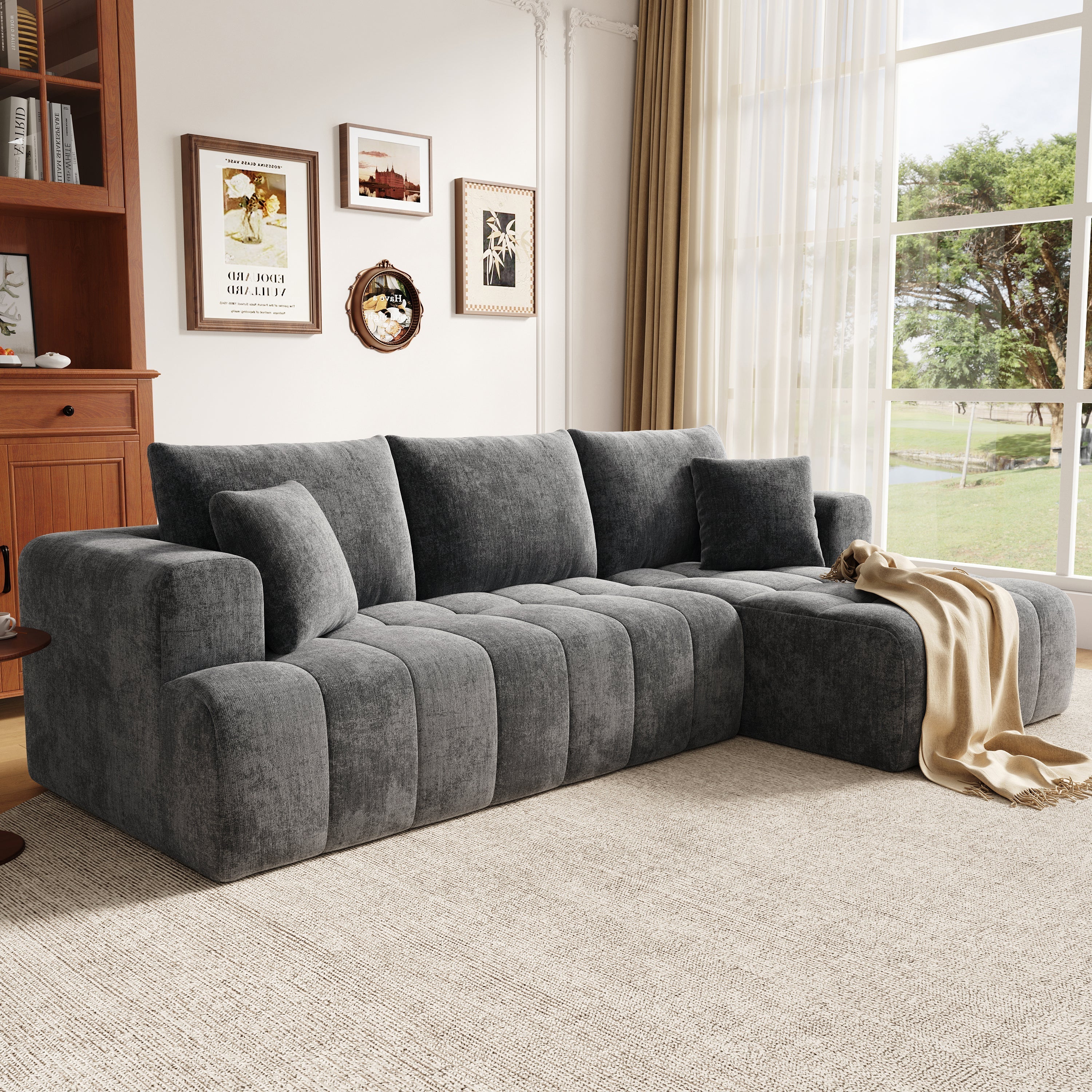 Modular L-shaped Corner Cloud Sofa, Frameless Low-Profile Design, Gray Chenille Fabric - Image 3