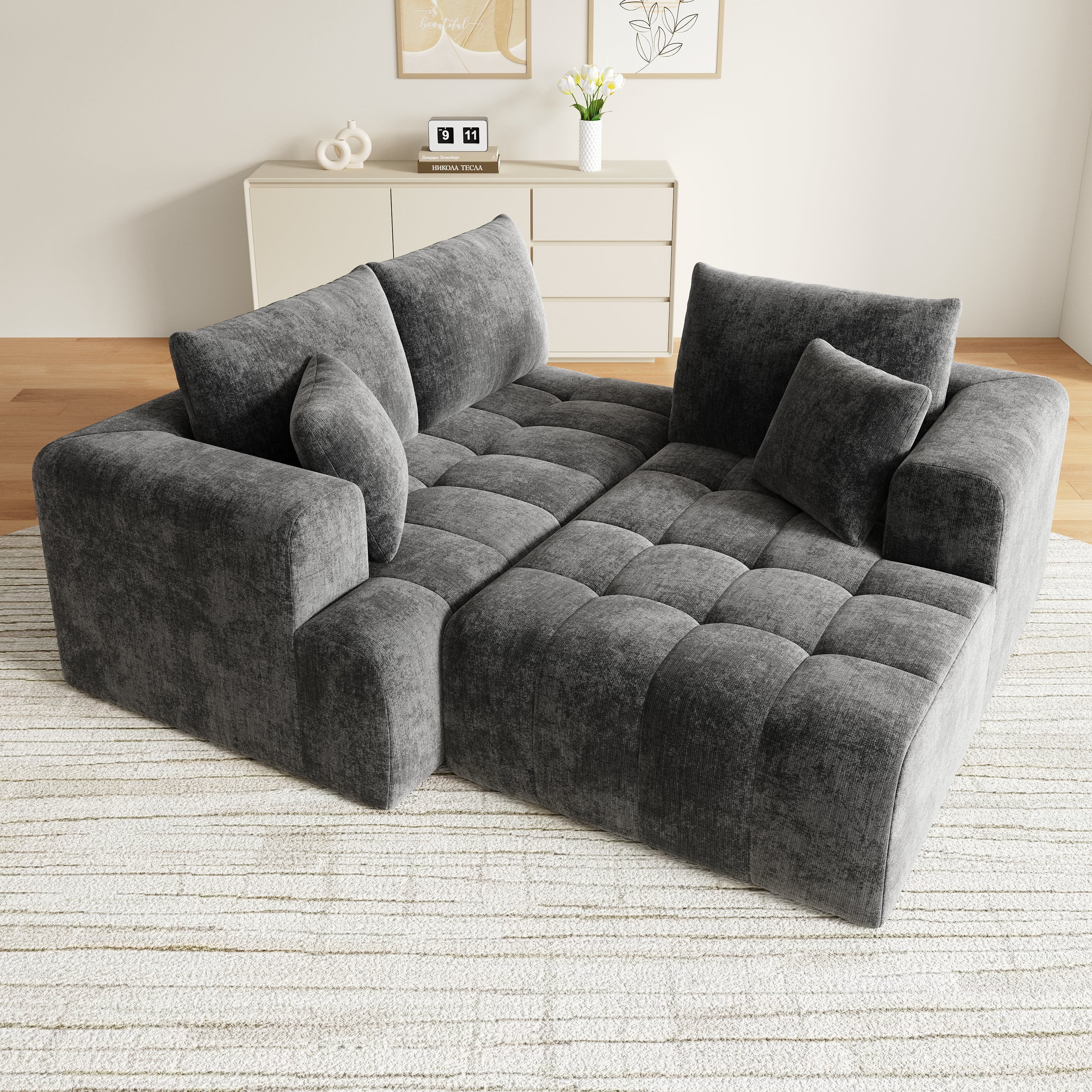 Modular L-shaped Corner Cloud Sofa, Frameless Low-Profile Design, Gray Chenille Fabric - Image 4