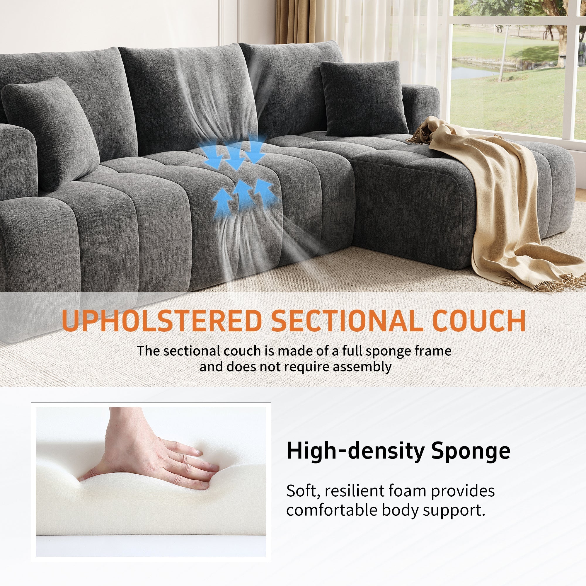 Modular L-shaped Corner Cloud Sofa, Frameless Low-Profile Design, Gray Chenille Fabric - Image 7