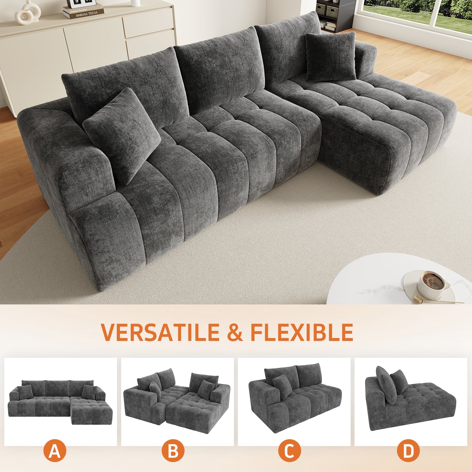 Modular L-shaped Corner Cloud Sofa, Frameless Low-Profile Design, Gray Chenille Fabric - Image 8