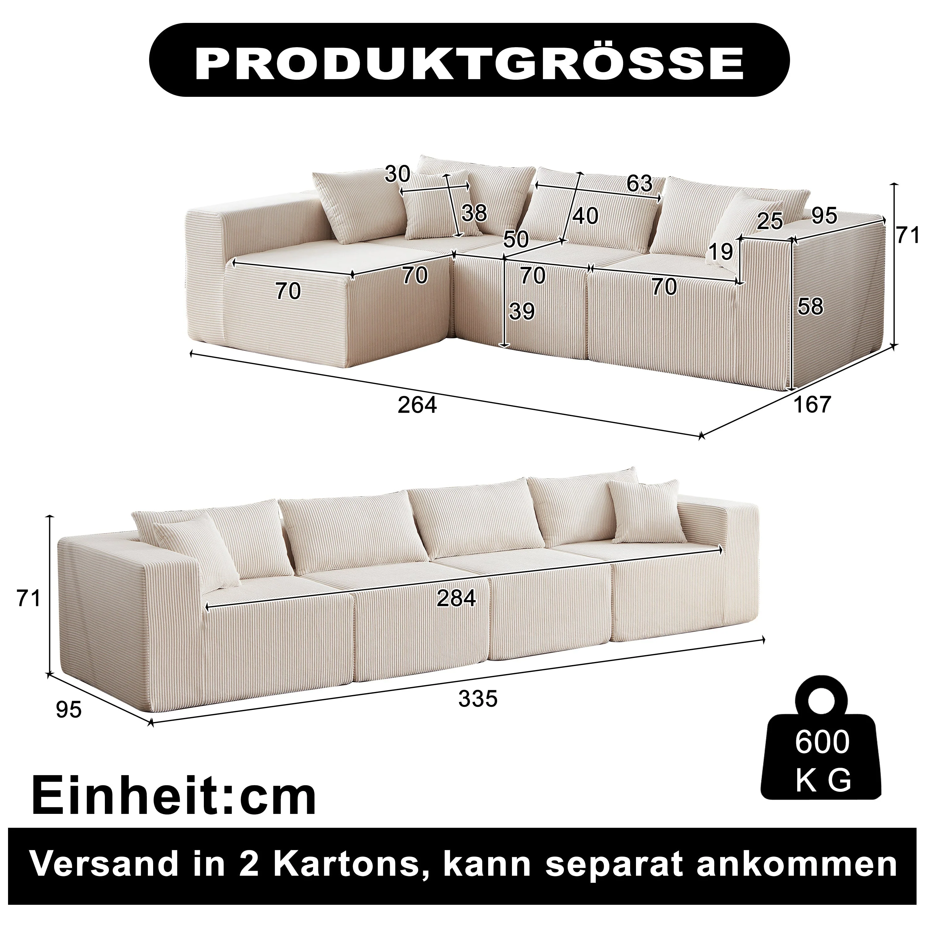 Modular L-Shaped Sectional Sofa 104-Inch 4-Piece - Corduroy - Image 2