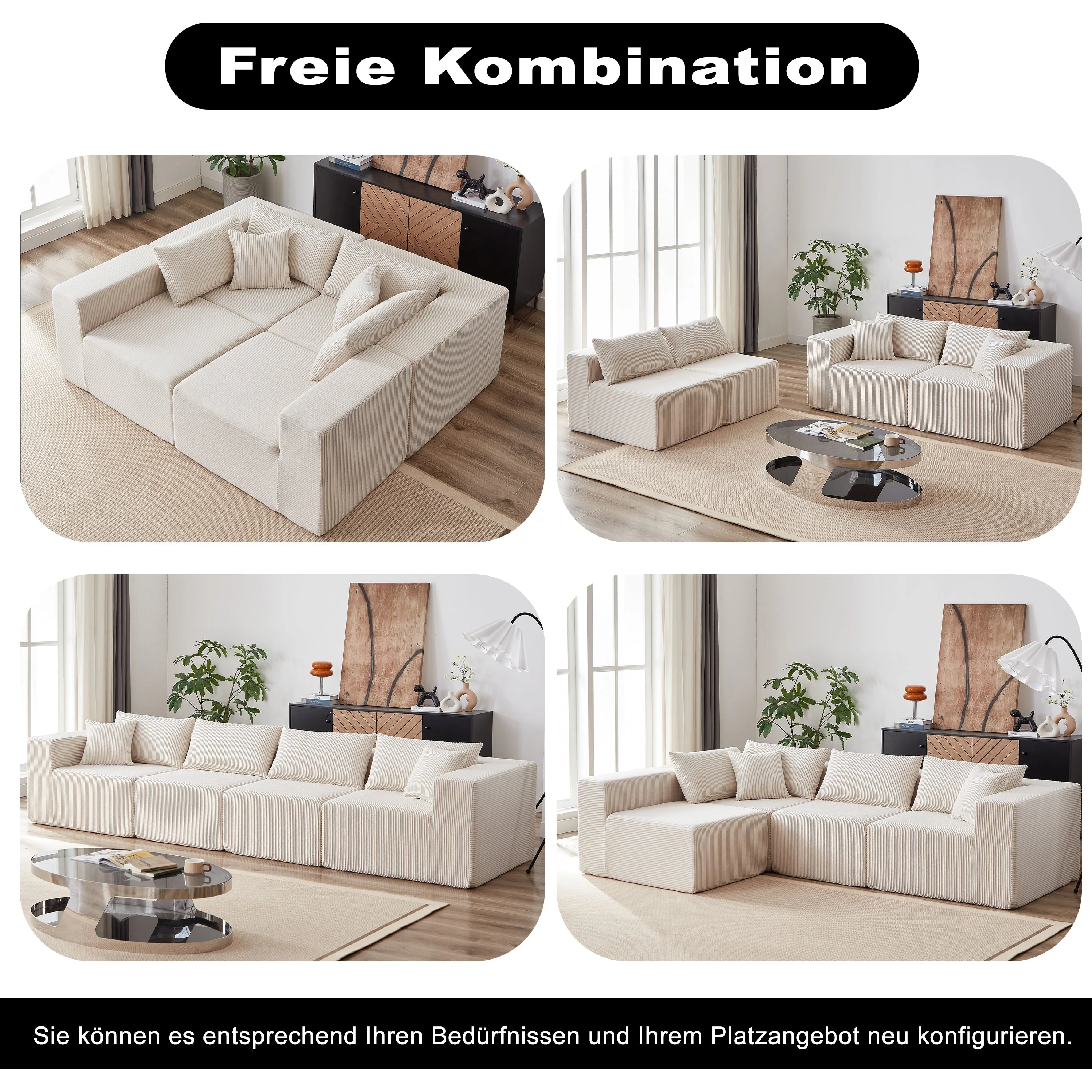 Modular L-Shaped Sectional Sofa 104-Inch 4-Piece - Corduroy - Image 3
