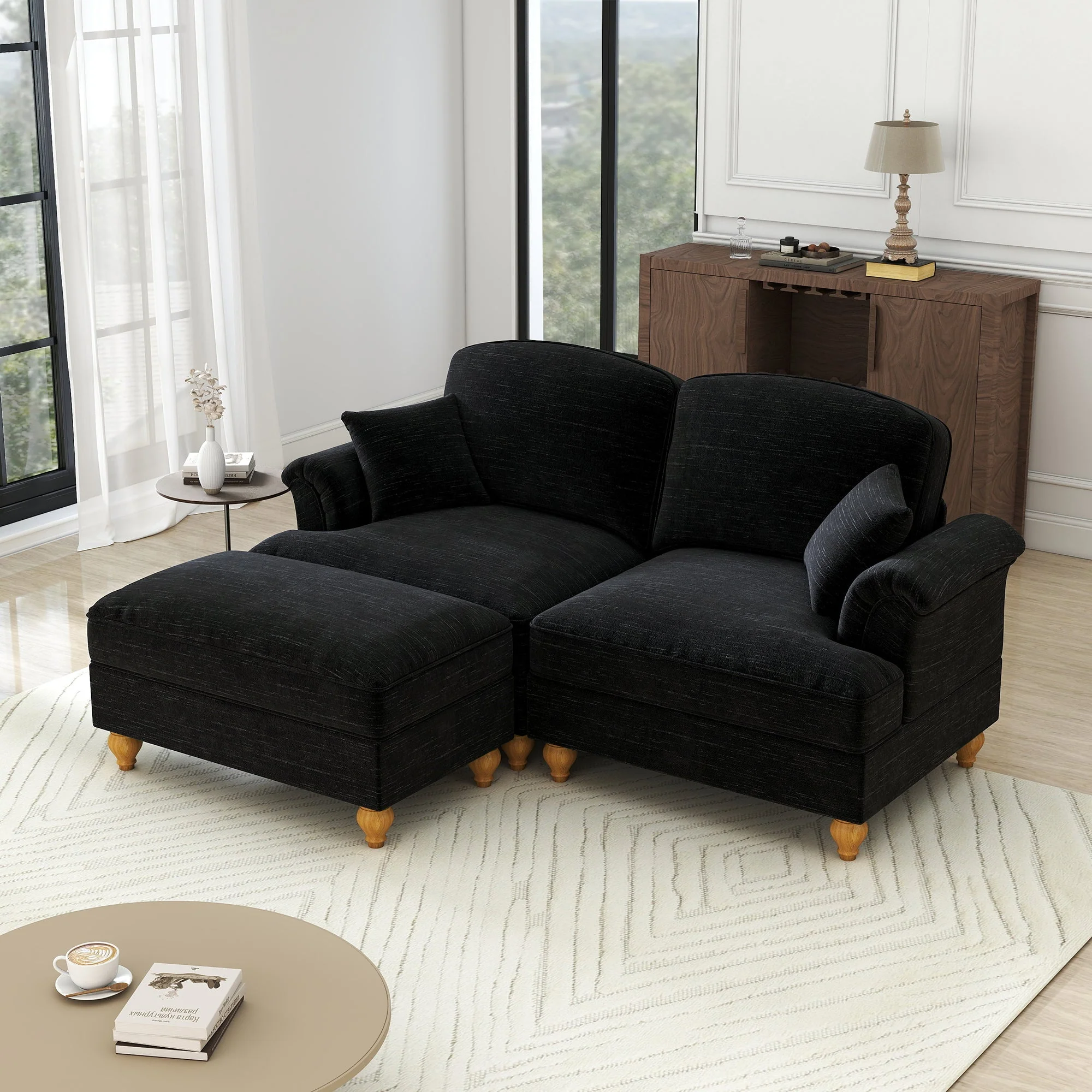 Modular L-Shaped Sofa 2-Seater Mid-Century w/ Ottoman & Ruffled Apron - Chenille Black - Image 5