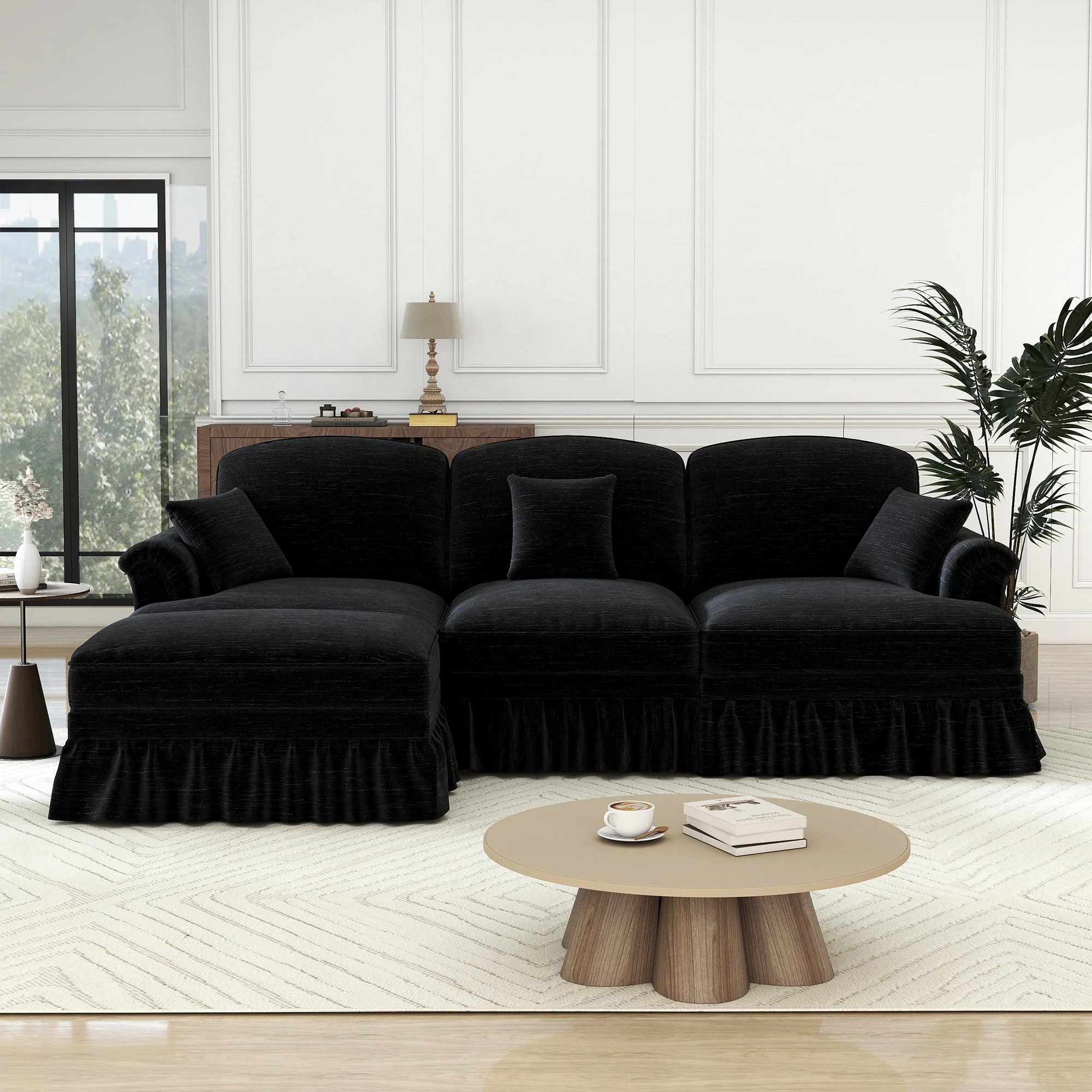 Modular L-Shaped Sofa 3-Seater Mid-Century Ottoman - Chenille Black - Image 4