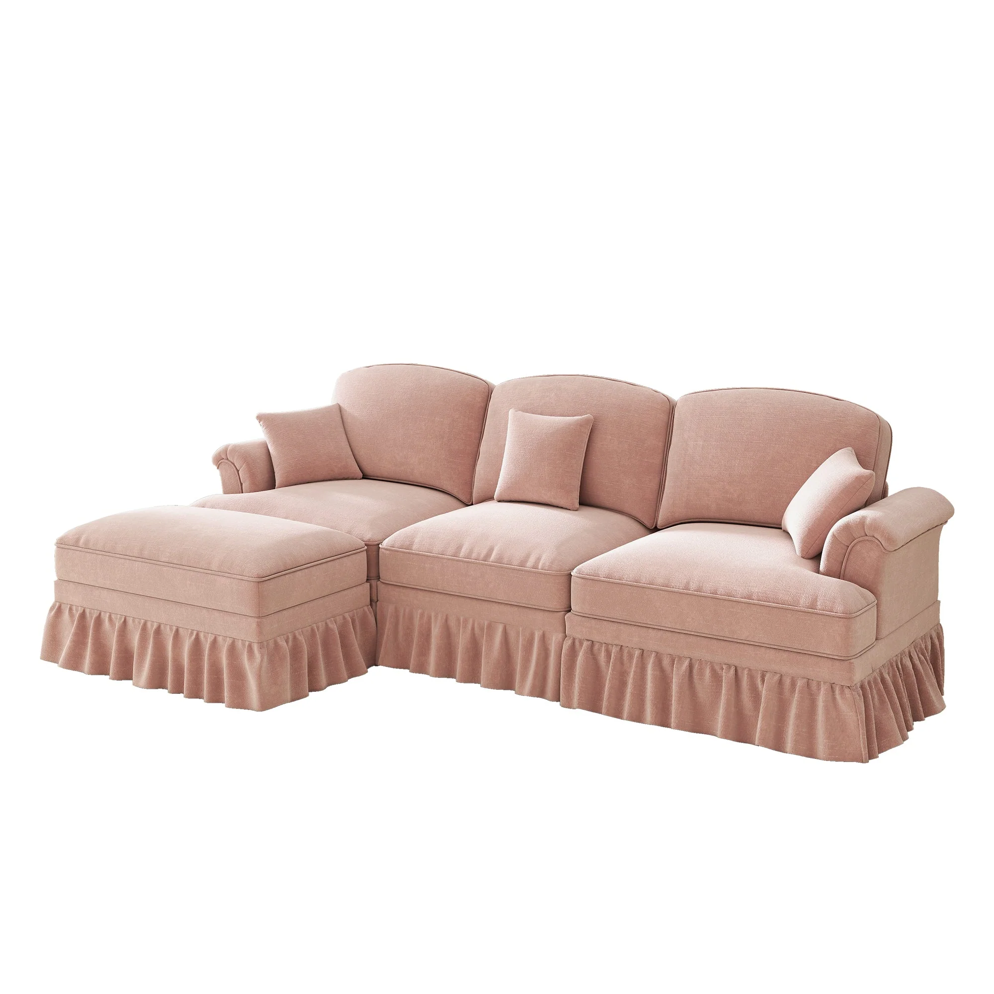 Modular Mid-Century L-Shaped 3-Seater Sofa with Ottoman - Pink Chenille - Image 10