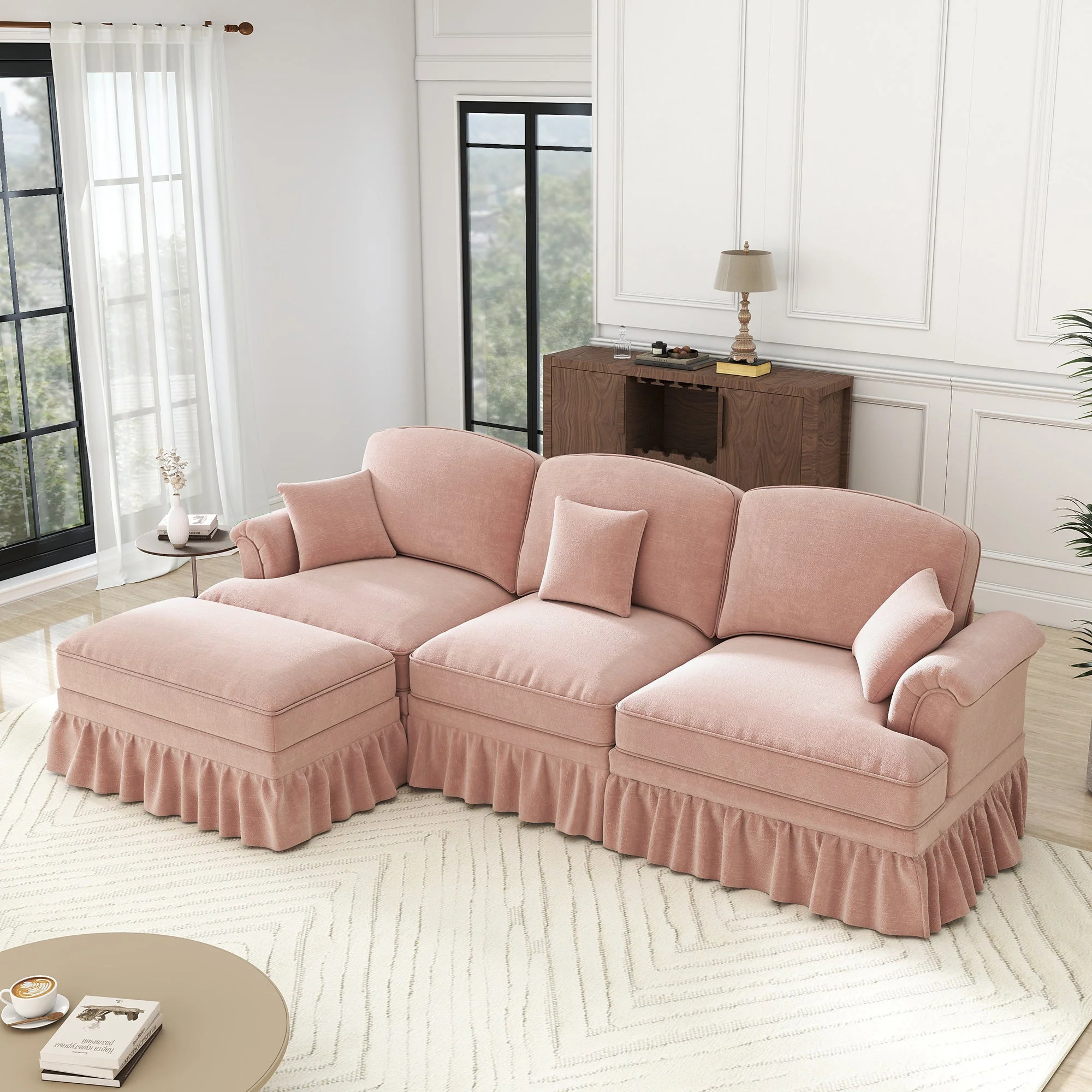 Modular Mid-Century L-Shaped 3-Seater Sofa with Ottoman - Pink Chenille - Image 6