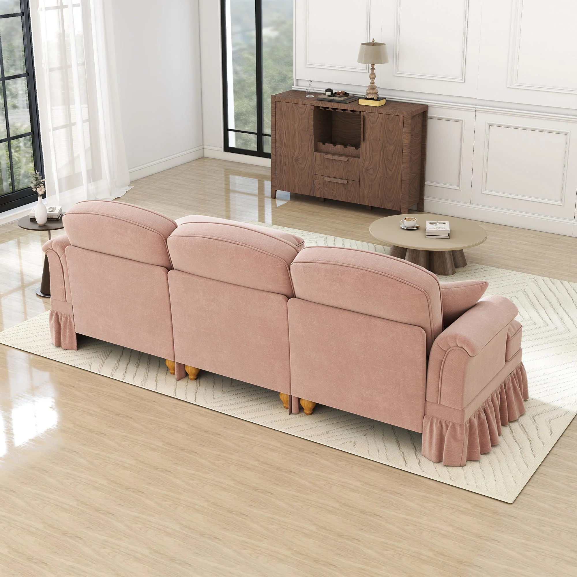 Modular Mid-Century L-Shaped 3-Seater Sofa with Ottoman - Pink Chenille - Image 7