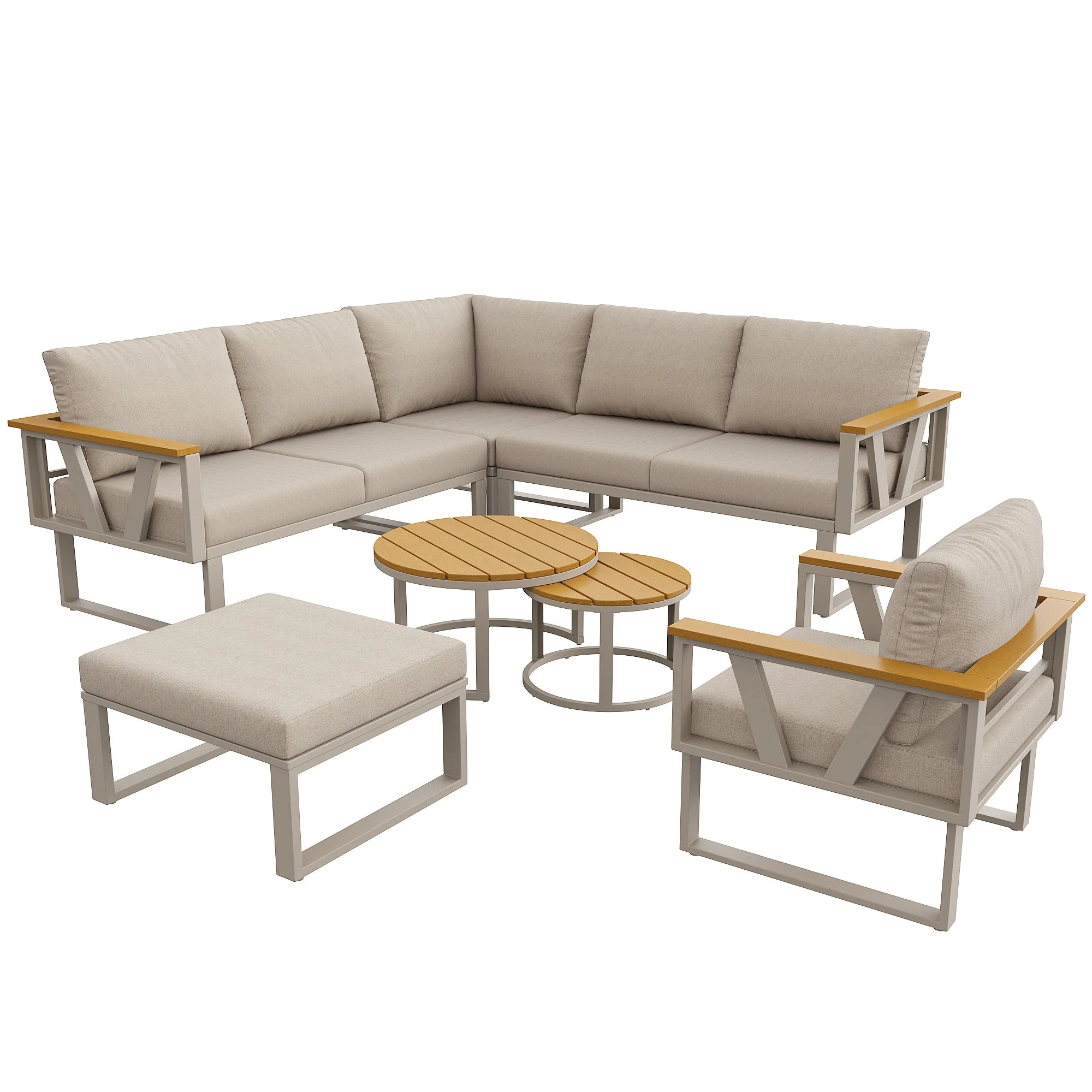 Modular Outdoor Seating Set with 9cm Cushions and 2 Wooden Tables, Grey and Beige - Image 10