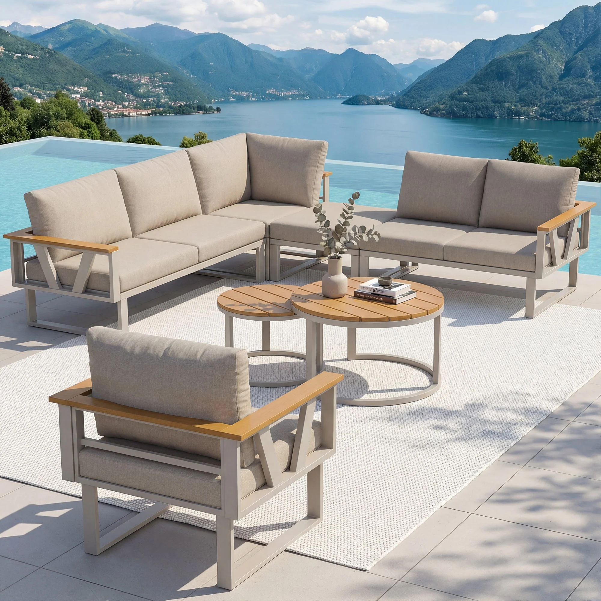 Modular Outdoor Seating Set with 9cm Cushions and 2 Wooden Tables, Grey and Beige - Image 2