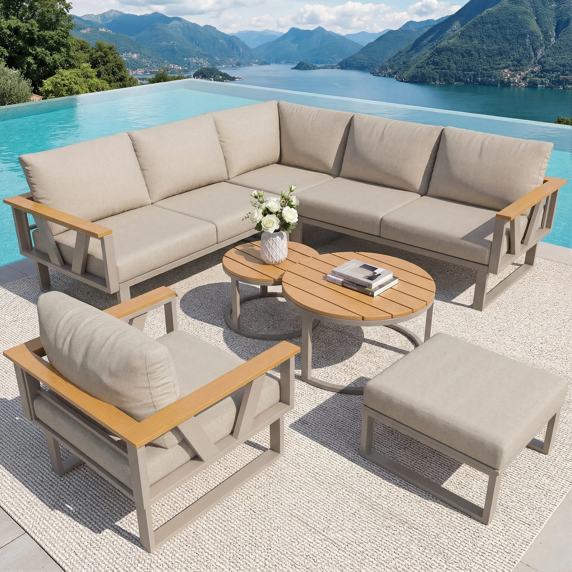 Modular Outdoor Seating Set with 9cm Cushions and 2 Wooden Tables, Grey and Beige - Image 3