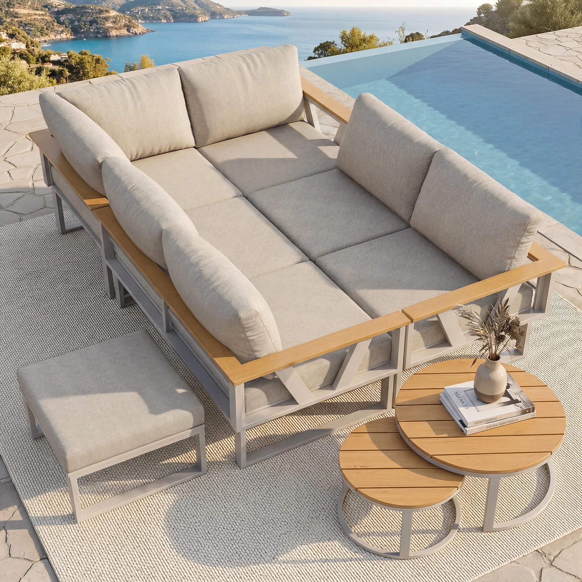 Modular Outdoor Seating Set with 9cm Cushions and 2 Wooden Tables, Grey and Beige - Image 4