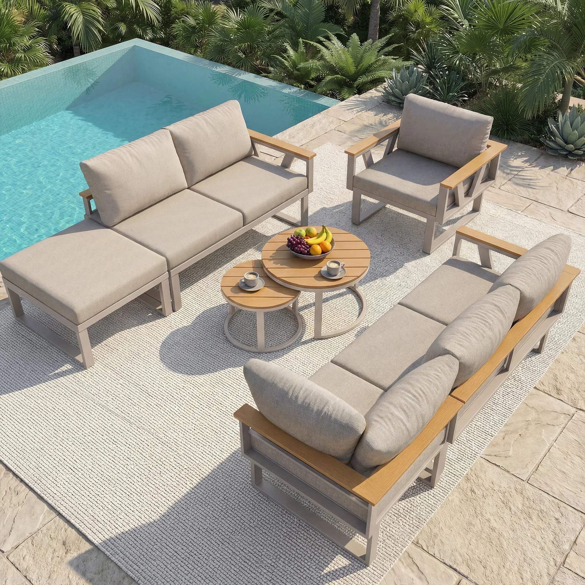 Modular Outdoor Seating Set with 9cm Cushions and 2 Wooden Tables, Grey and Beige - Image 5