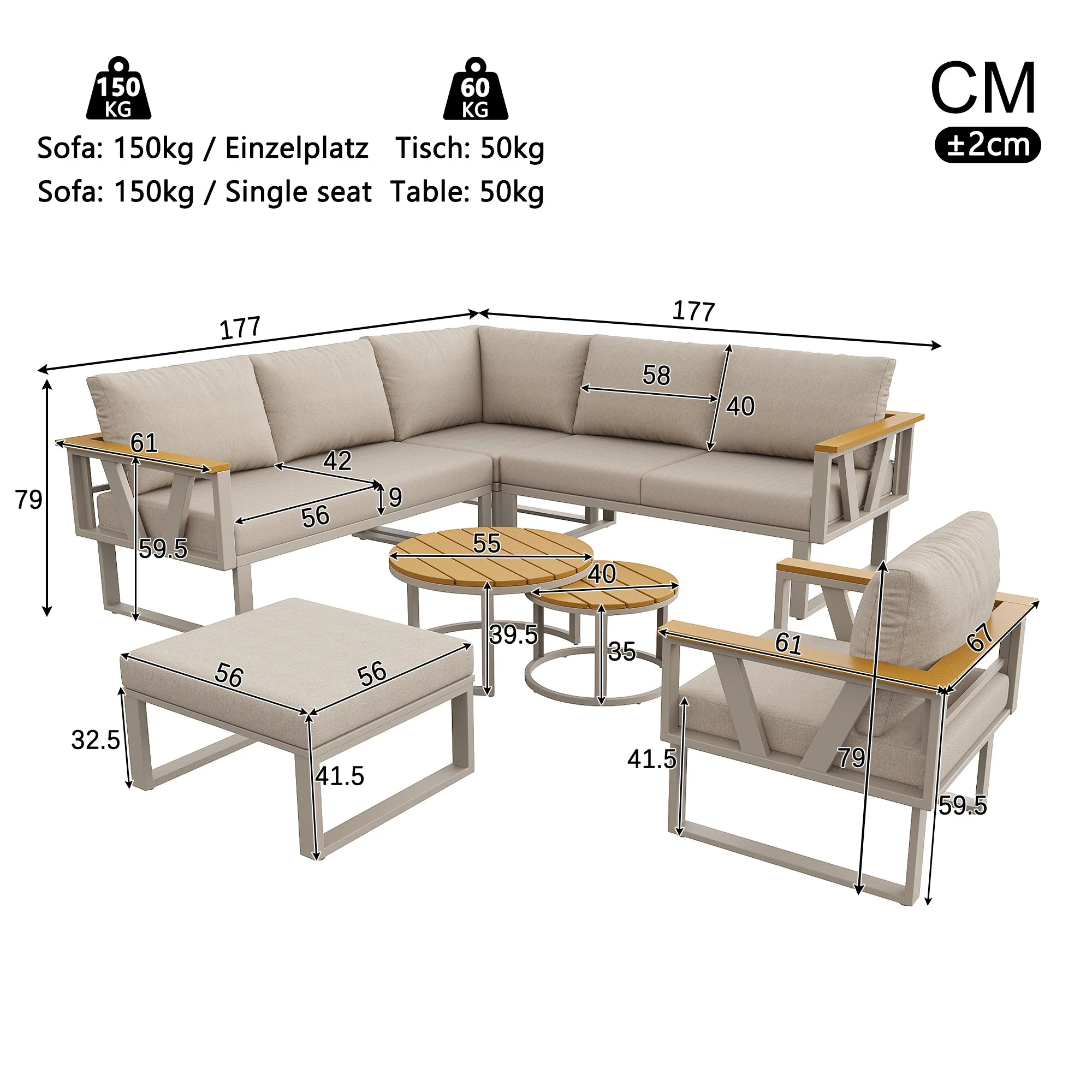Modular Outdoor Seating Set with 9cm Cushions and 2 Wooden Tables, Grey and Beige - Image 6