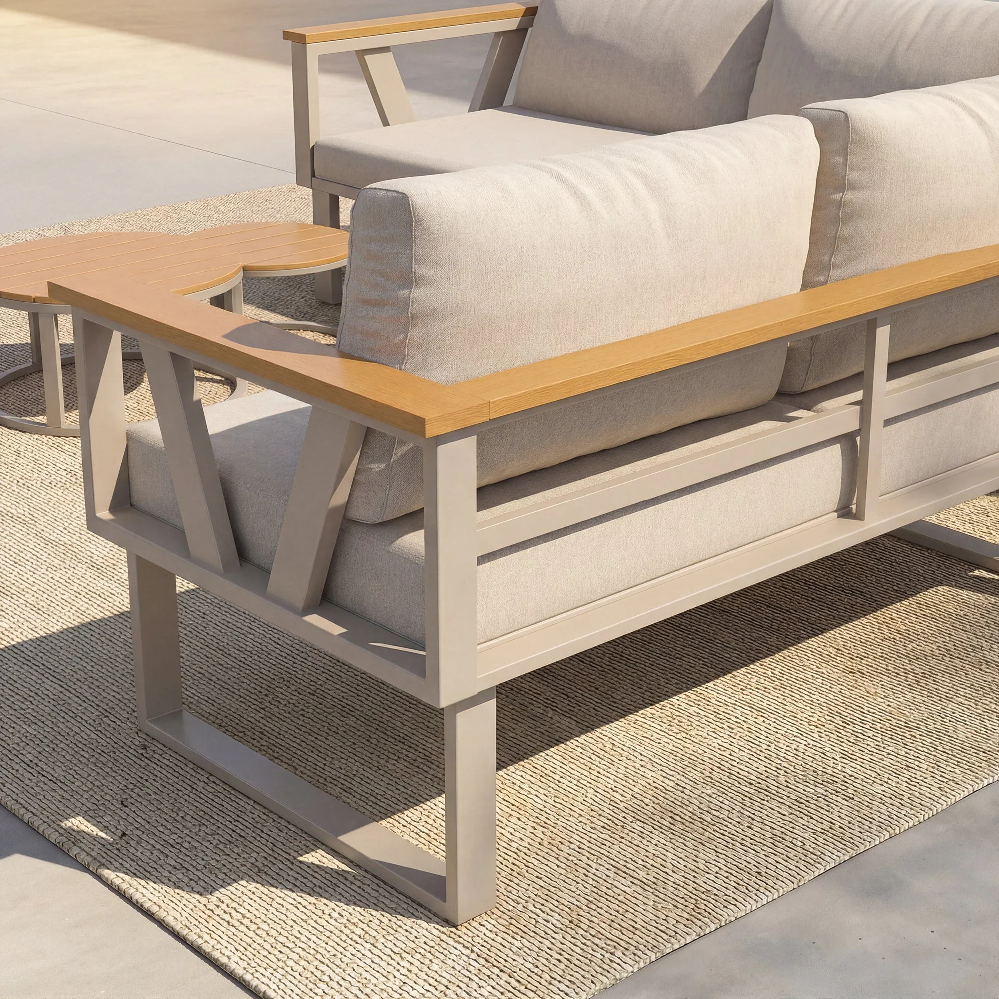 Modular Outdoor Seating Set with 9cm Cushions and 2 Wooden Tables, Grey and Beige - Image 7