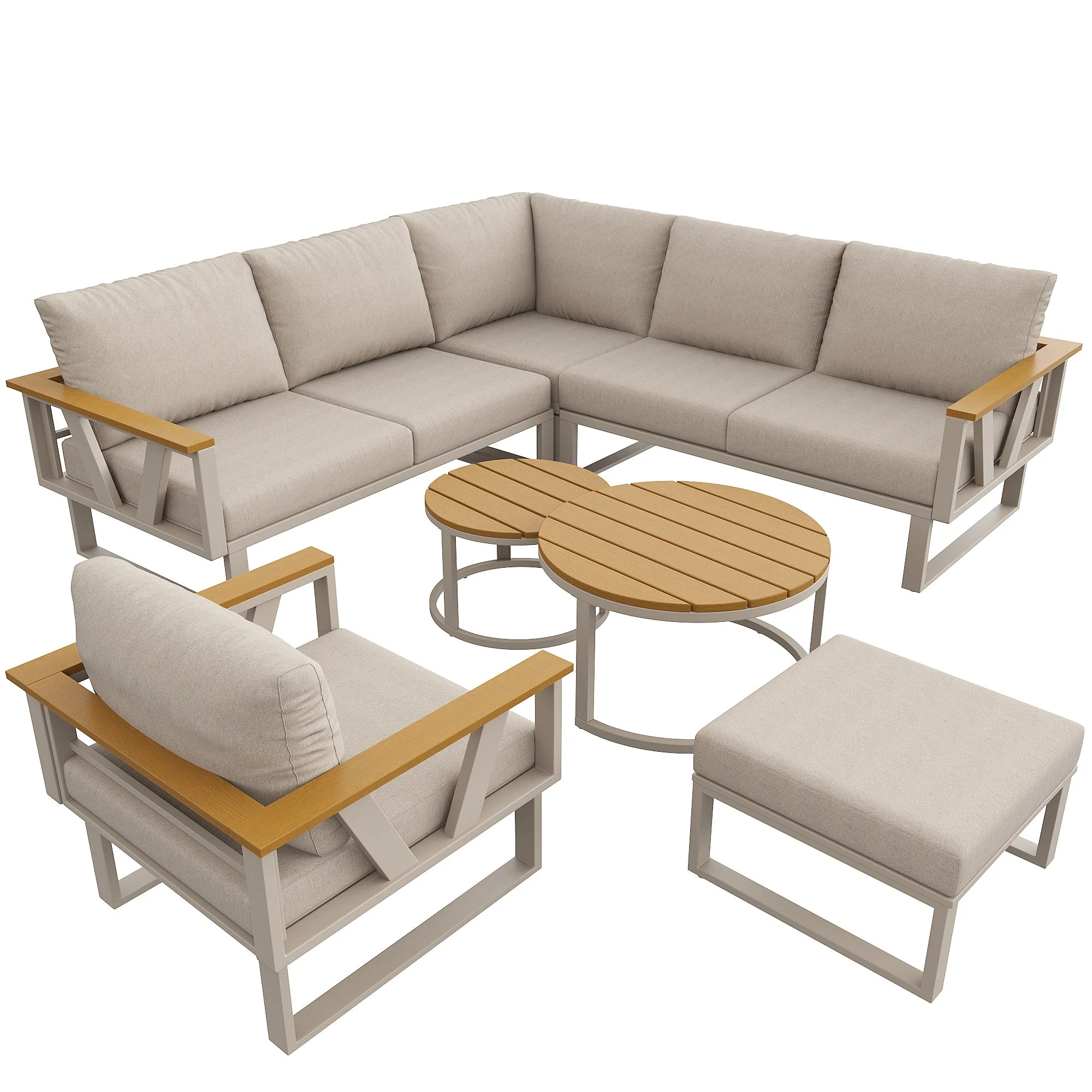 Modular Outdoor Seating Set with 9cm Cushions and 2 Wooden Tables, Grey and Beige - Image 8