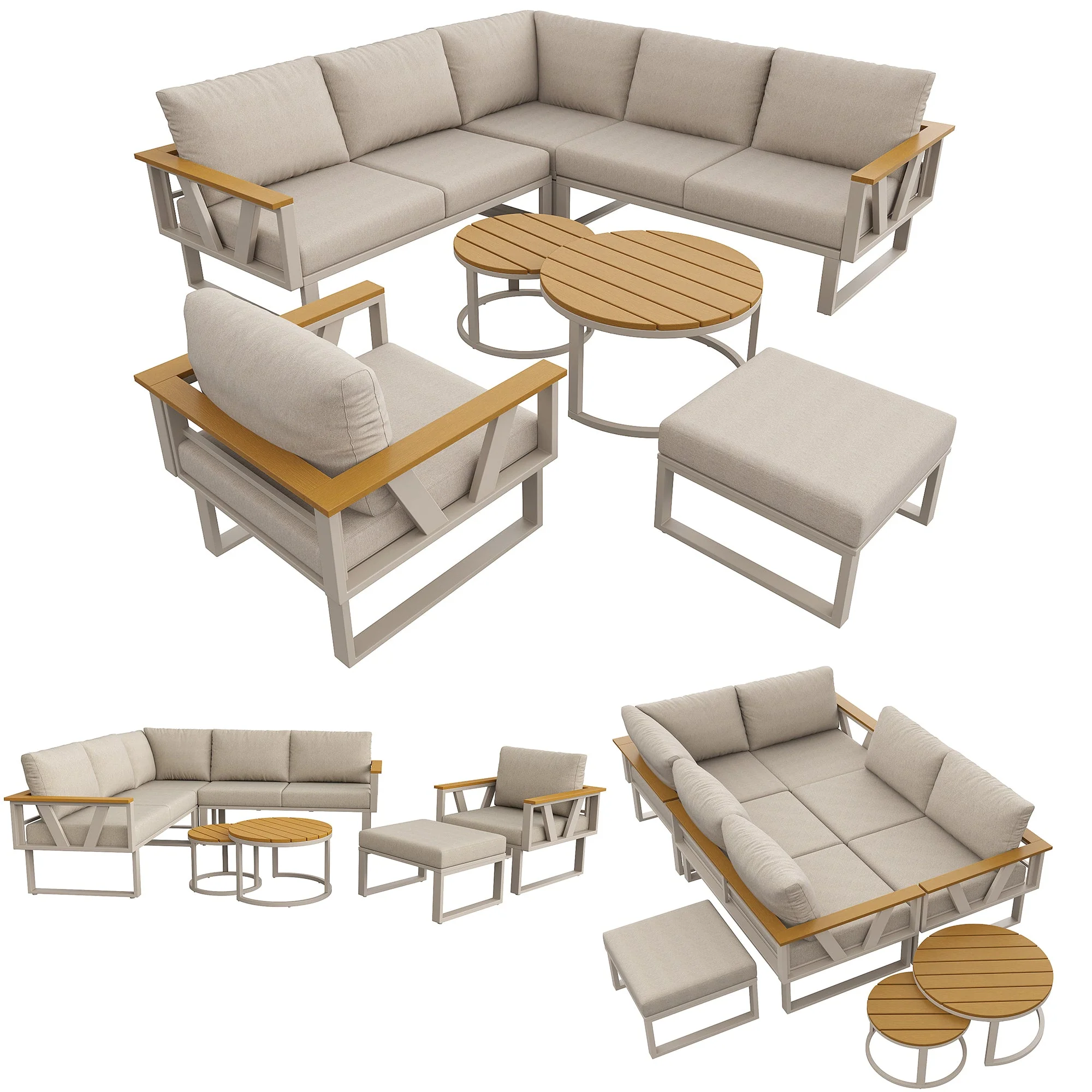 Modular Outdoor Seating Set with 9cm Cushions and 2 Wooden Tables, Grey and Beige - Image 9