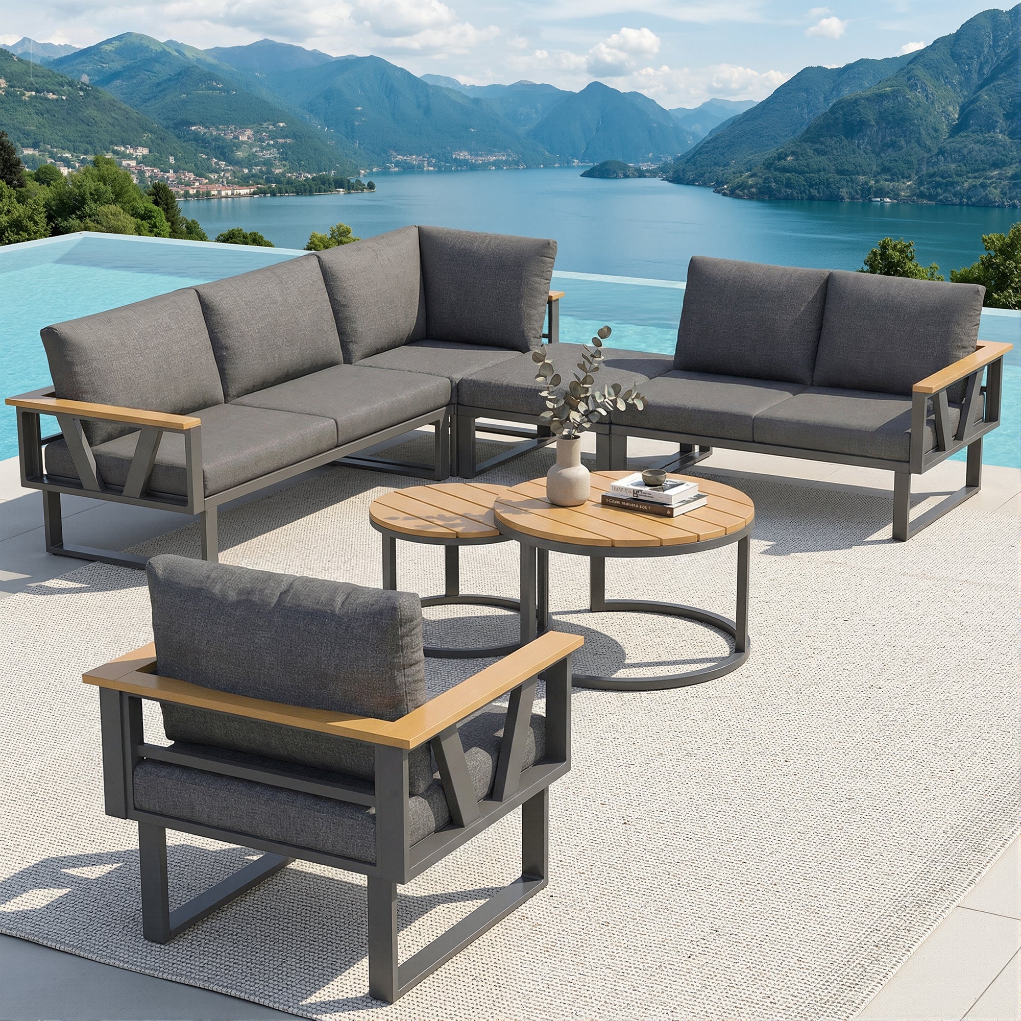 Modular Outdoor Seating Set with 9cm Cushions and 2 Wooden Tables, Grey/Beige - Image 3