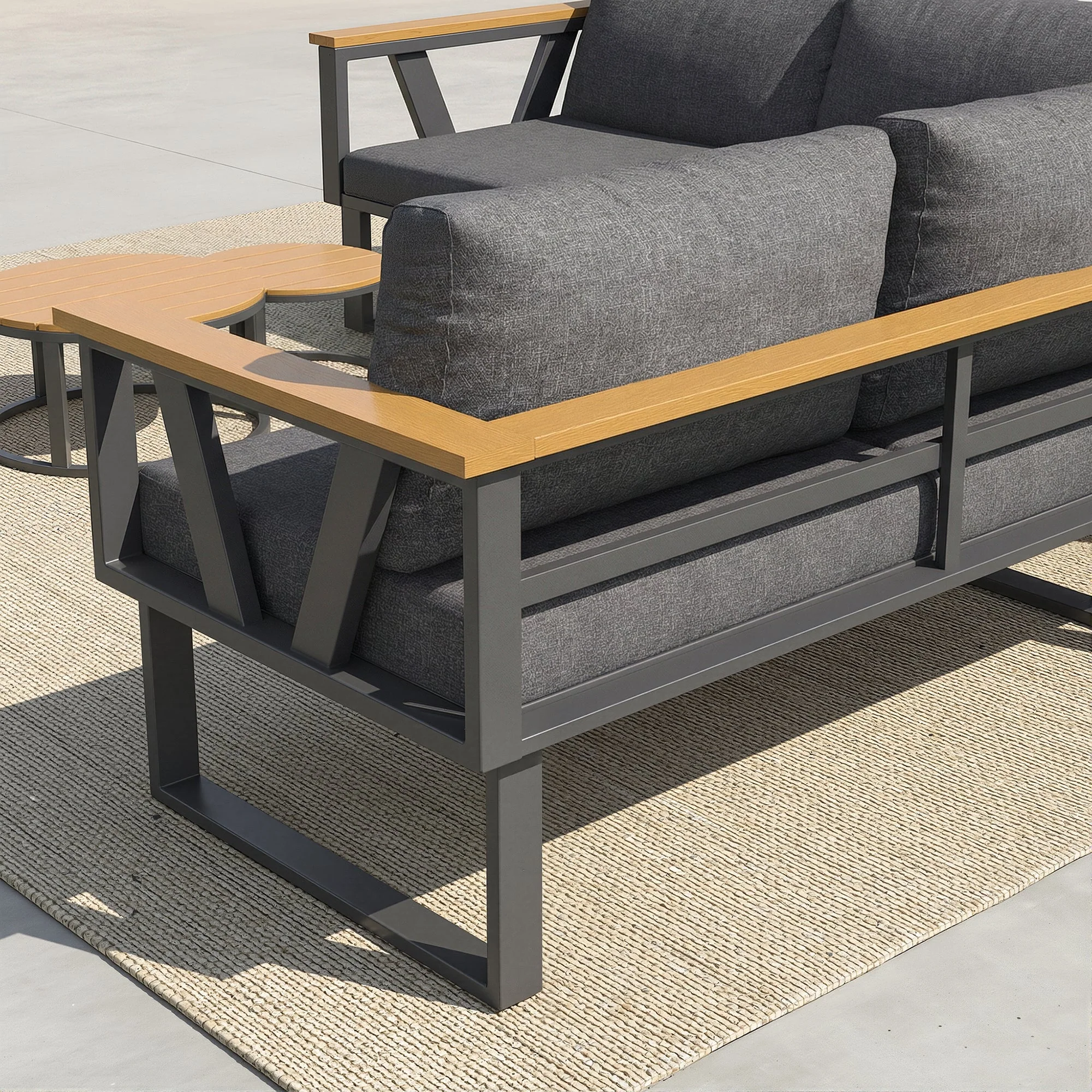 Modular Outdoor Seating Set with 9cm Cushions and 2 Wooden Tables, Grey/Beige - Image 8