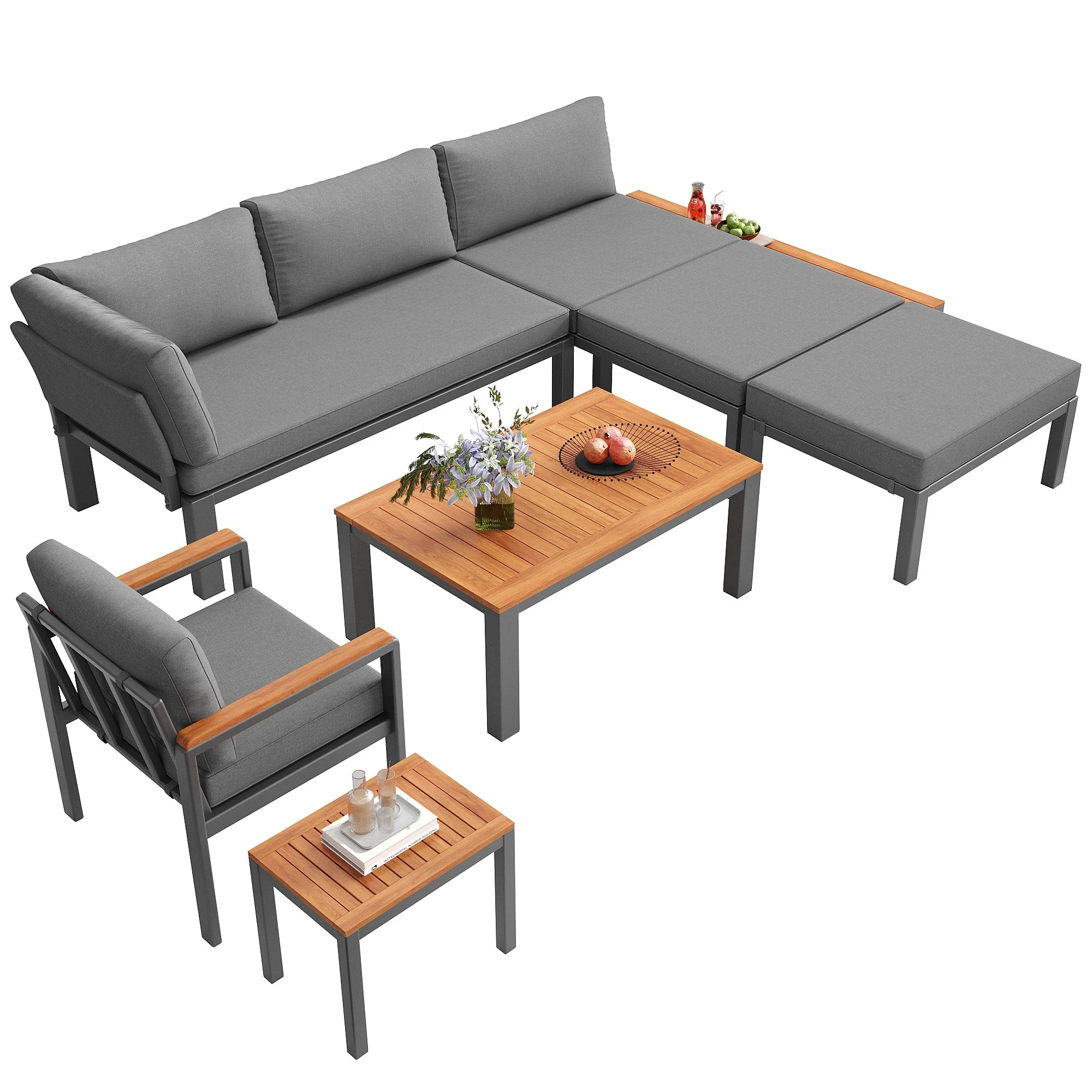 Modular Outdoor Seating Set with Metal Frame and Wooden Tables, Grey - Image 10