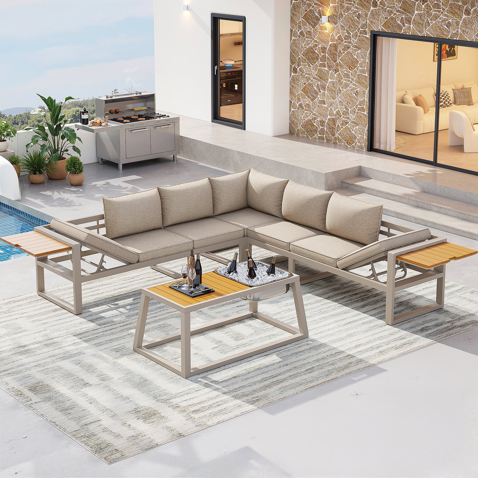 Modular Outdoor Sofa Set with Adjustable Backrest, Fold-out Armrests and Metal Ice Bucket, Grey/Beige - Image 2