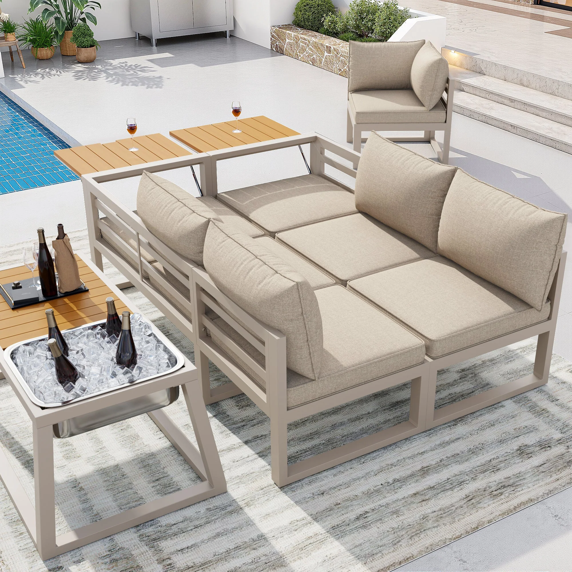 Modular Outdoor Sofa Set with Adjustable Backrest, Fold-out Armrests and Metal Ice Bucket, Grey/Beige - Image 3