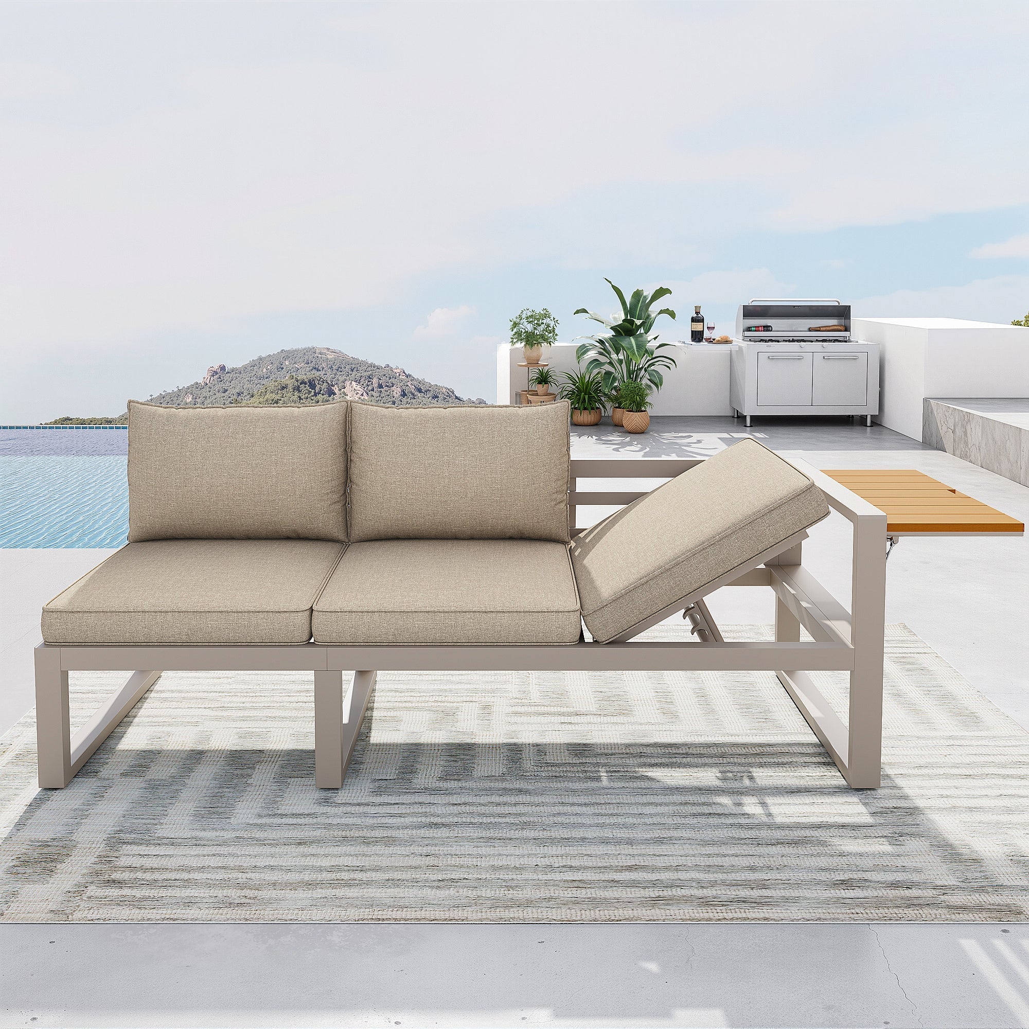 Modular Outdoor Sofa Set with Adjustable Backrest, Fold-out Armrests and Metal Ice Bucket, Grey/Beige - Image 6