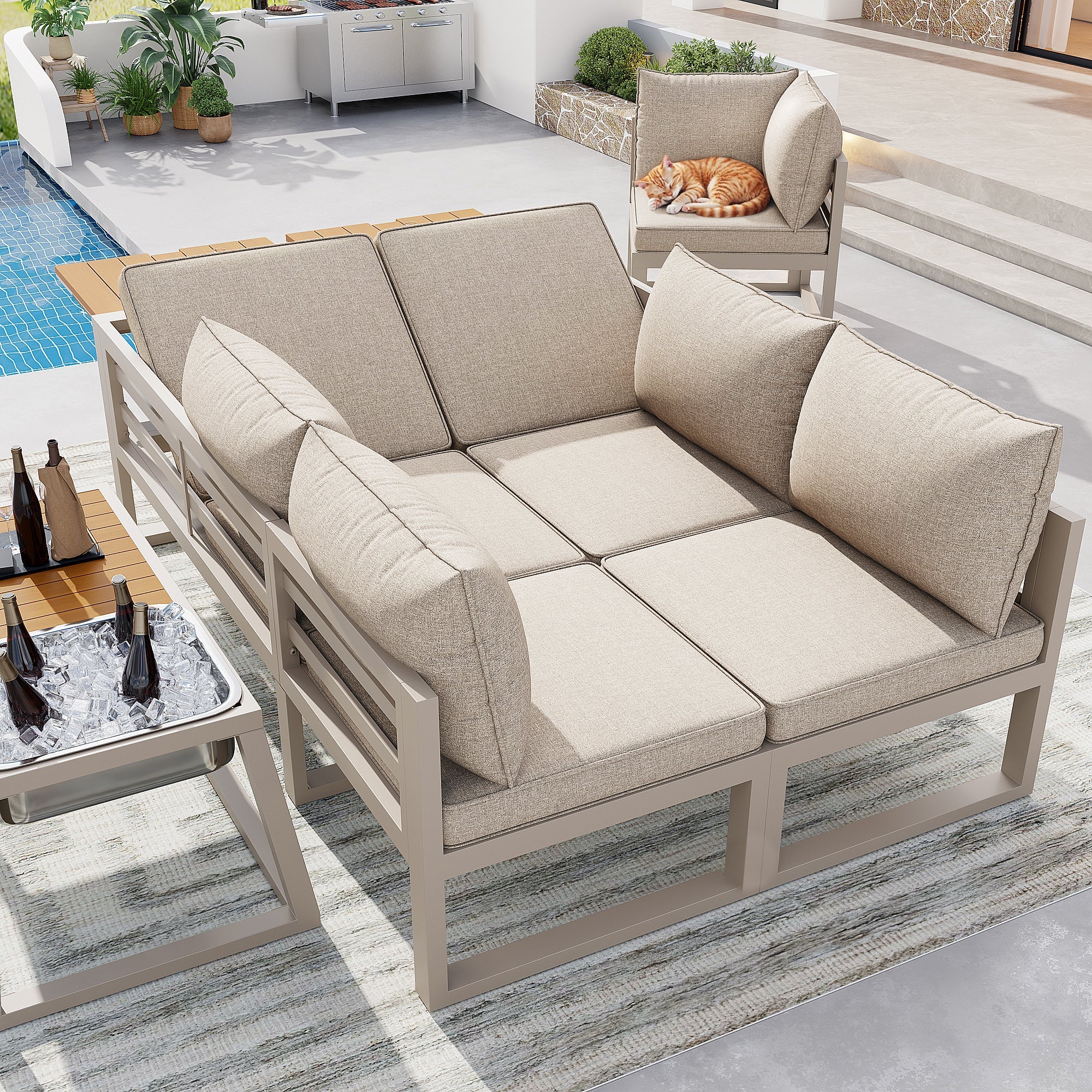 Modular Outdoor Sofa Set with Adjustable Backrest, Fold-out Armrests and Metal Ice Bucket, Grey/Beige - Image 9