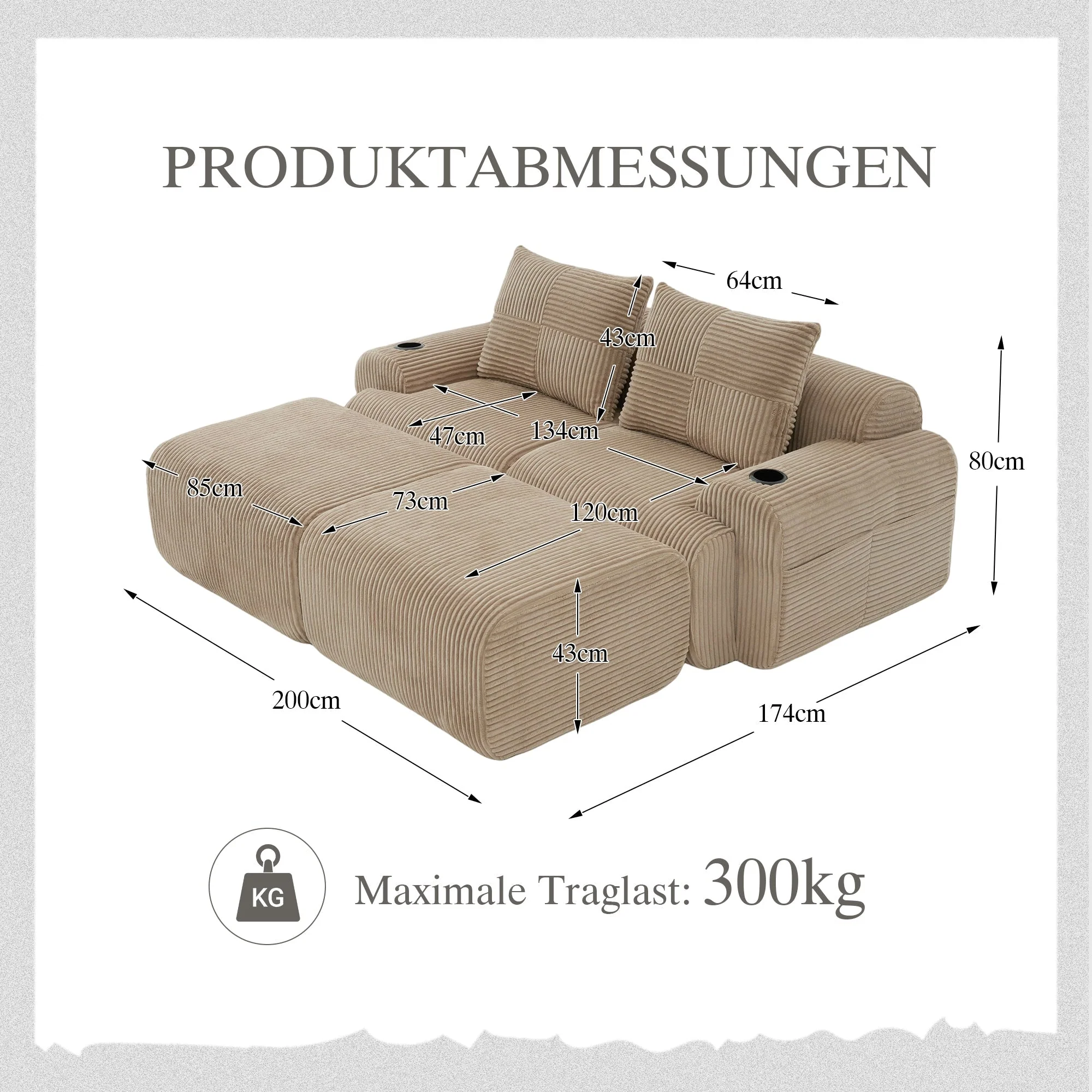 Modular Sofa 2-Person 2 Ottomans Cup Holder Storage Corduroy Khaki - Image 2