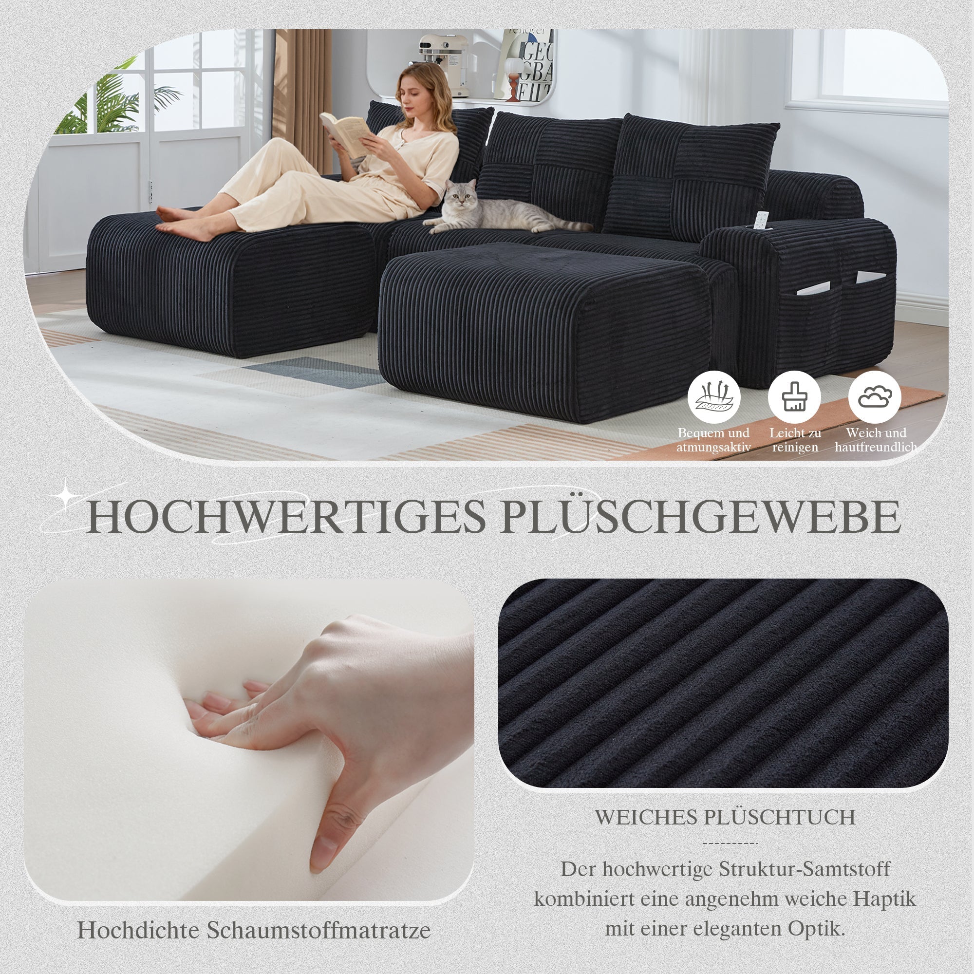 Modular Sofa - 3-Seater with 2 Ottomans, Modular, Cup Holders, Storage - Black Corduroy - Image 5