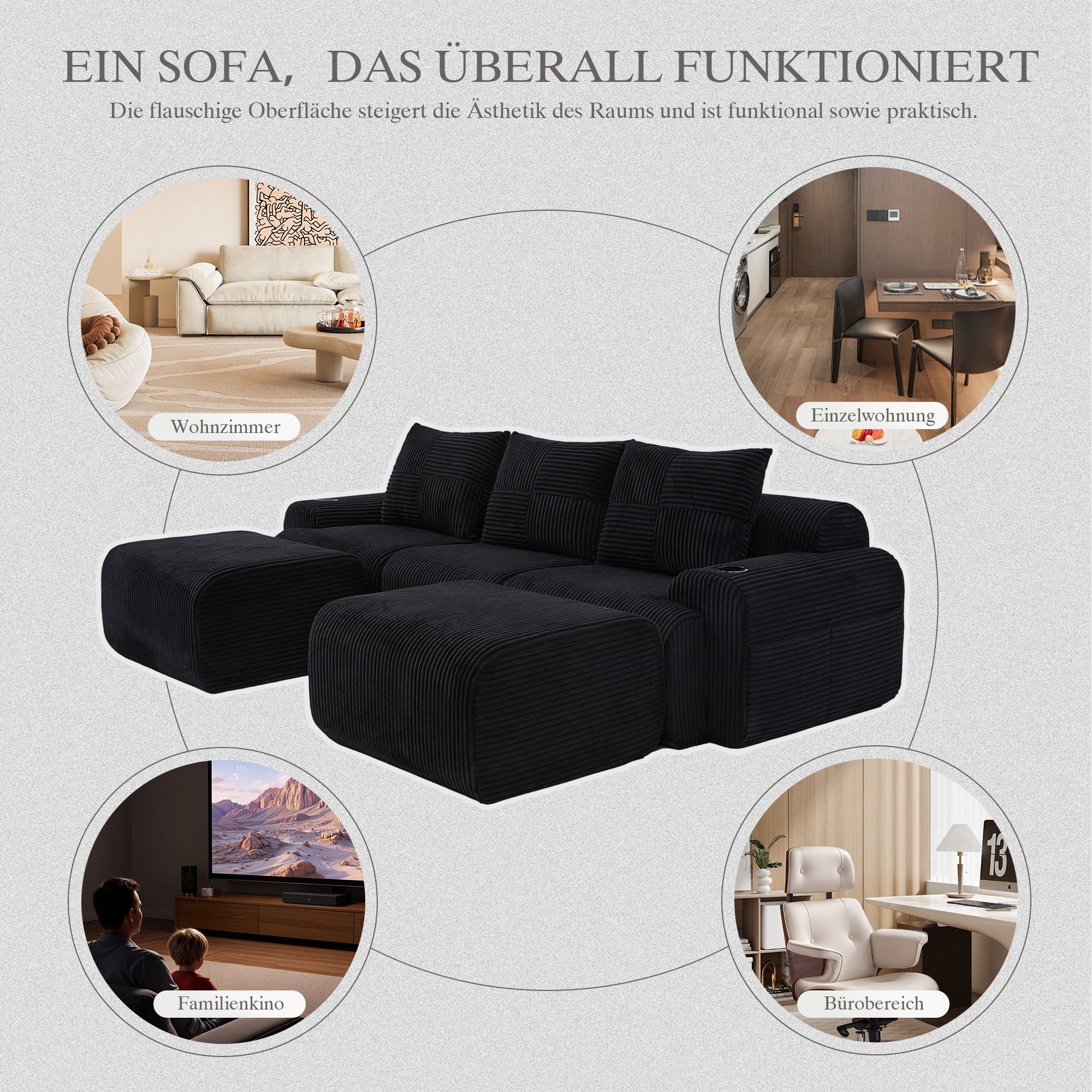 Modular Sofa - 3-Seater with 2 Ottomans, Modular, Cup Holders, Storage - Black Corduroy - Image 7