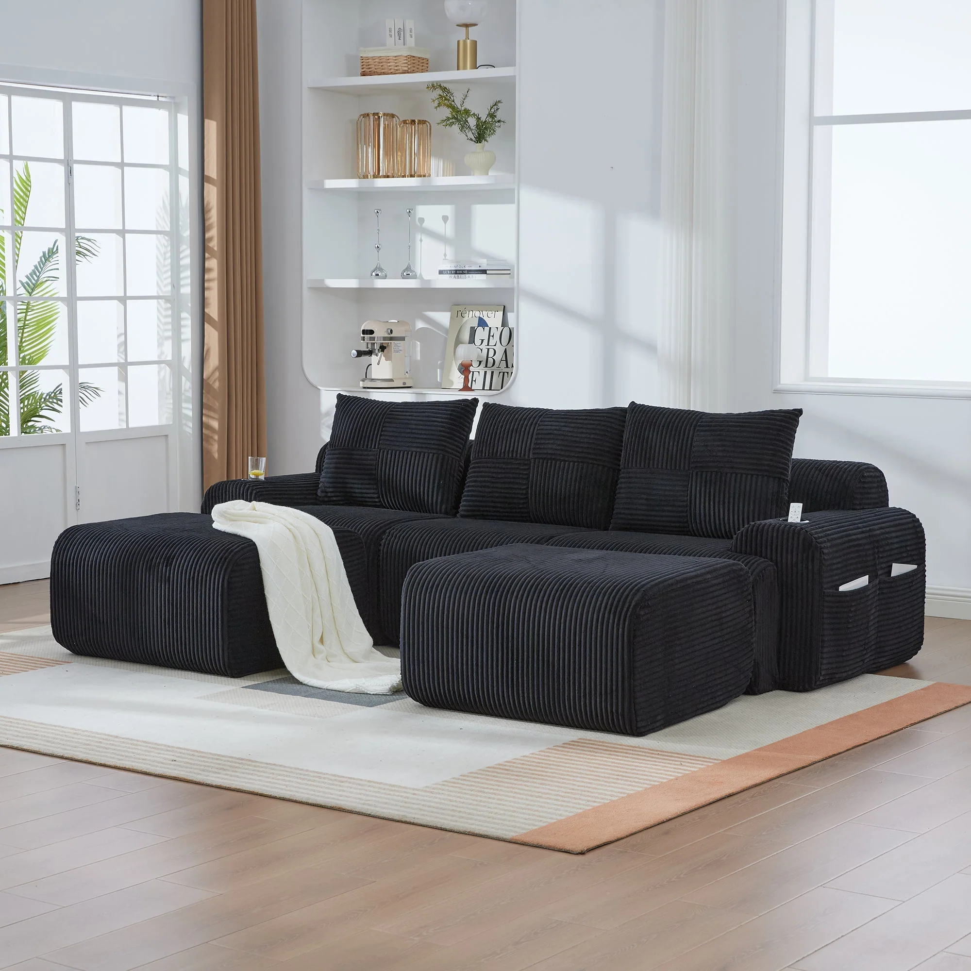 Modular Sofa - 3-Seater with 2 Ottomans, Modular, Cup Holders, Storage - Black Corduroy - Image 8