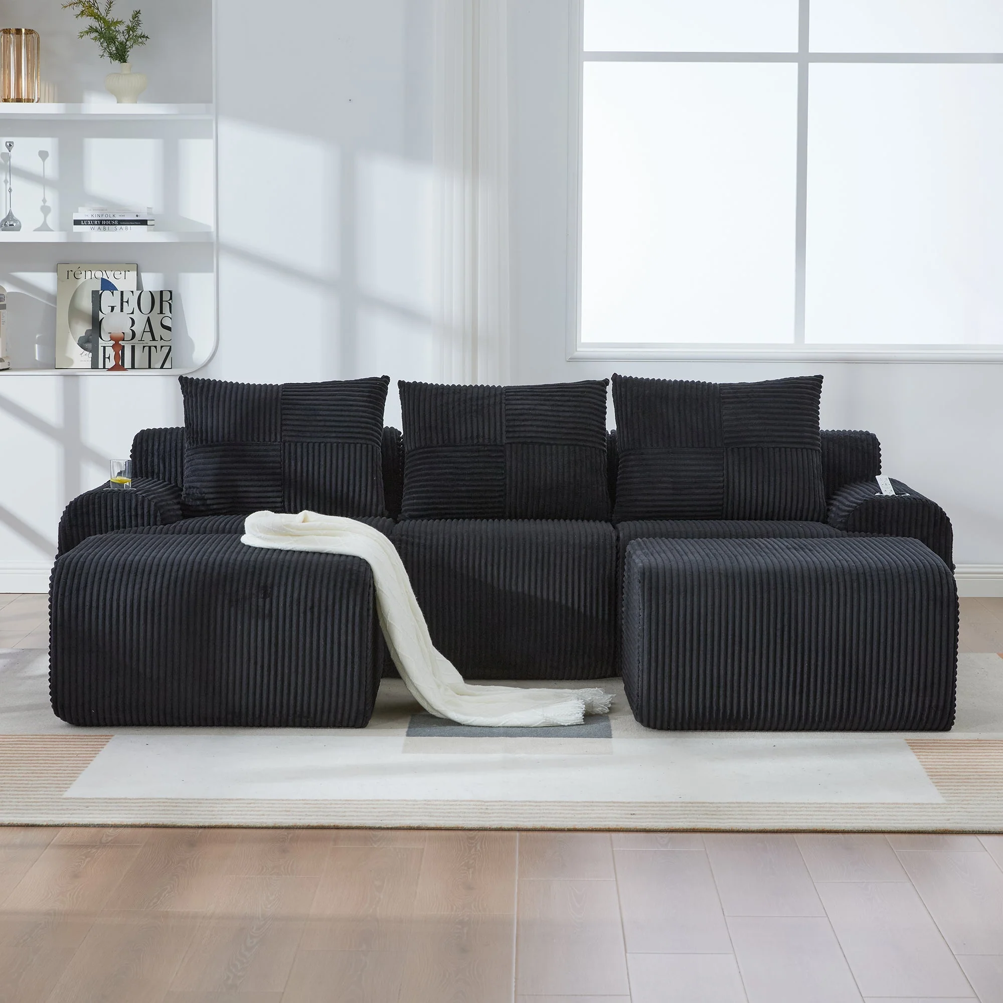 Modular Sofa - 3-Seater with 2 Ottomans, Modular, Cup Holders, Storage - Black Corduroy - Image 9