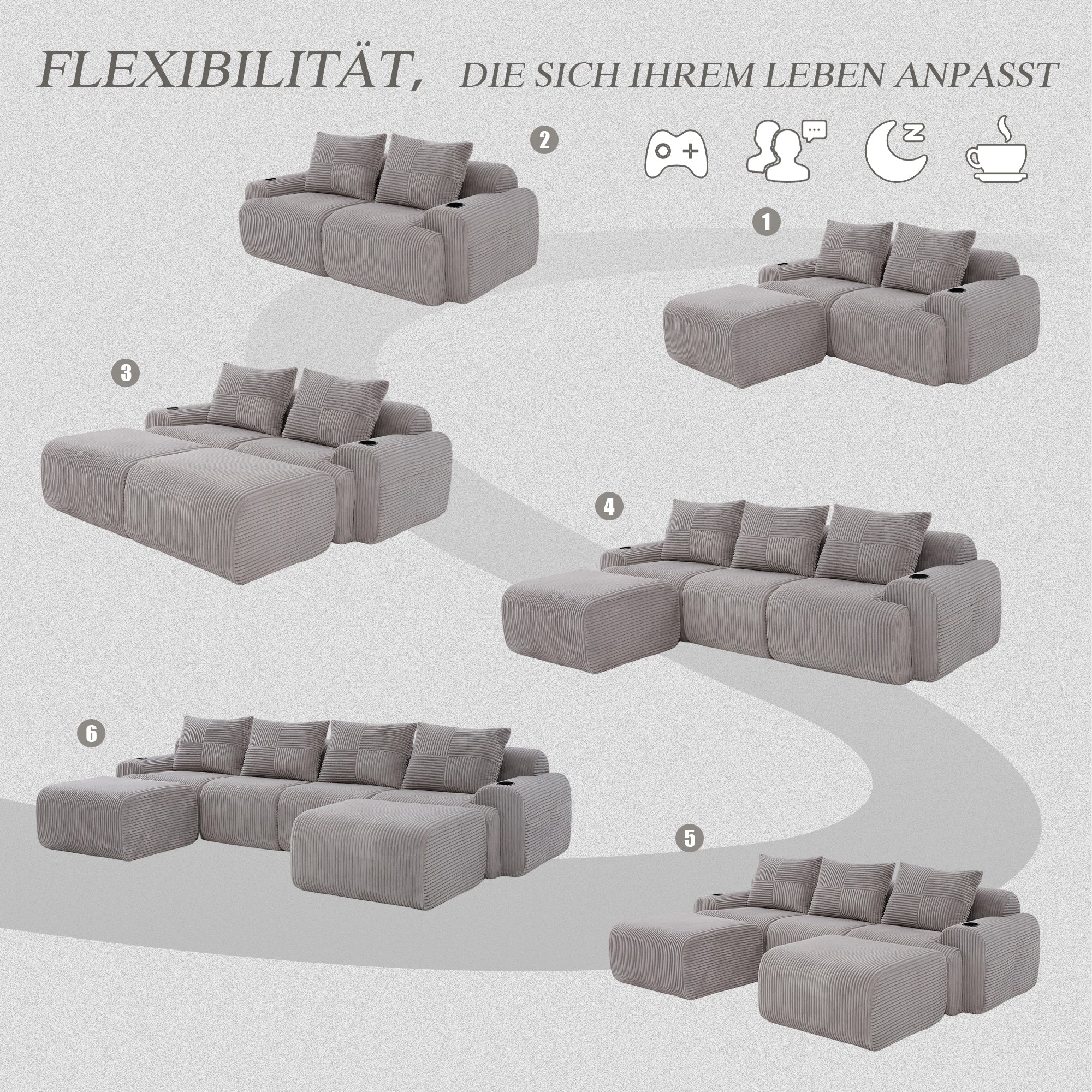 Modular Sofa - 4 Seater 2 Ottomans Cup Holders Storage Corduroy - Light Grey - Image 4