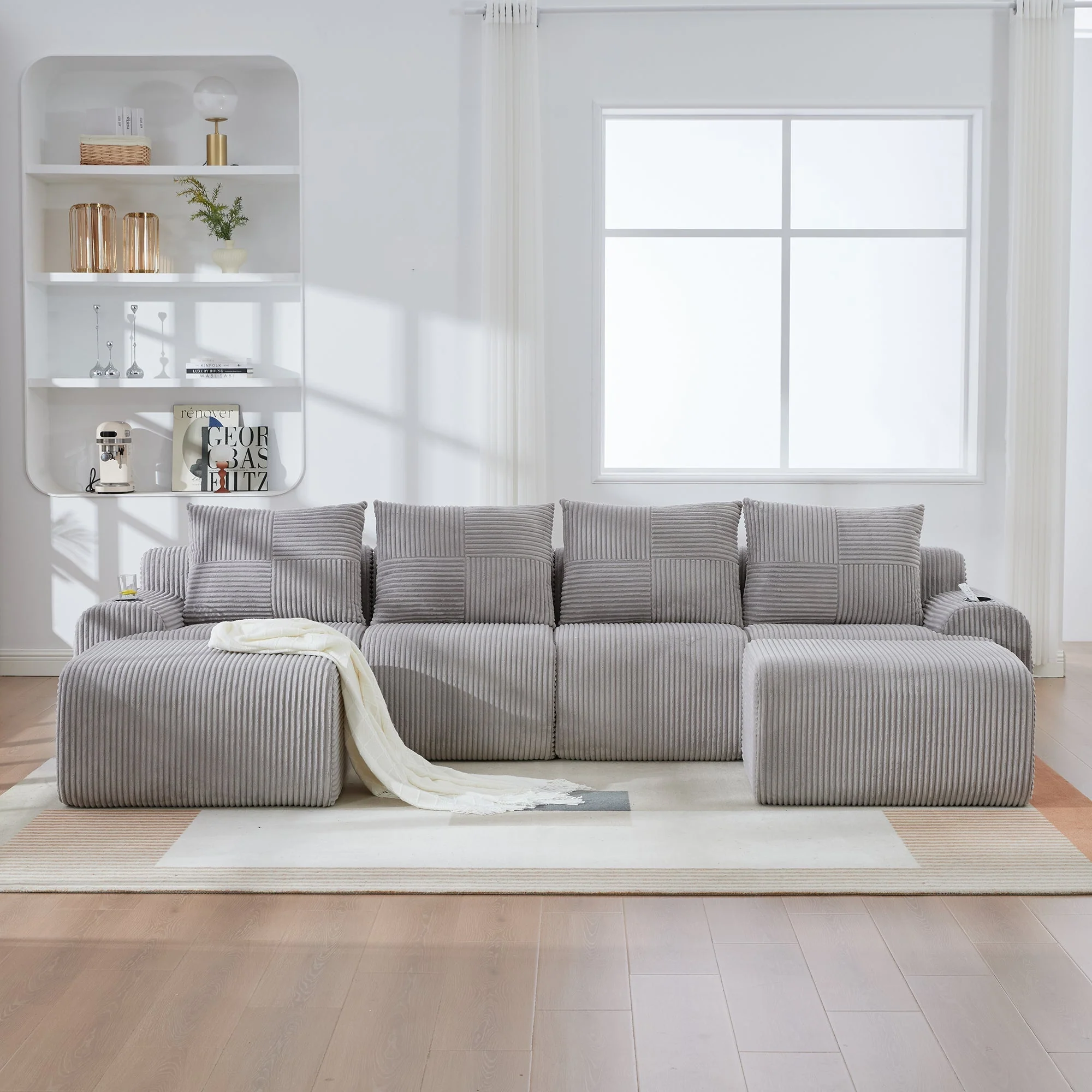 Modular Sofa - 4 Seater 2 Ottomans Cup Holders Storage Corduroy - Light Grey - Image 9