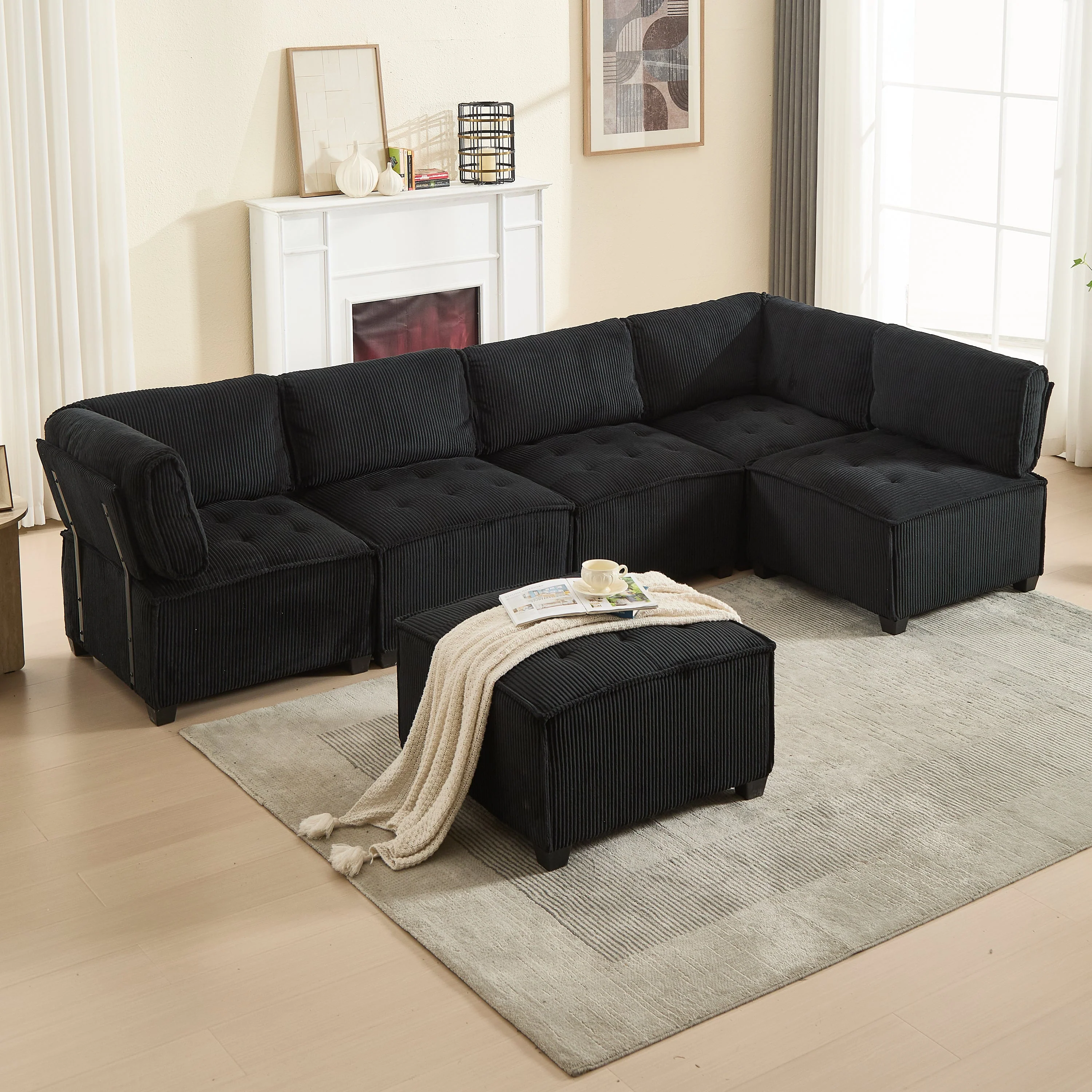 Modular Sofa 6-Seater 308cm, Ergonomic Storage Pockets, Corduroy Black - Image 2