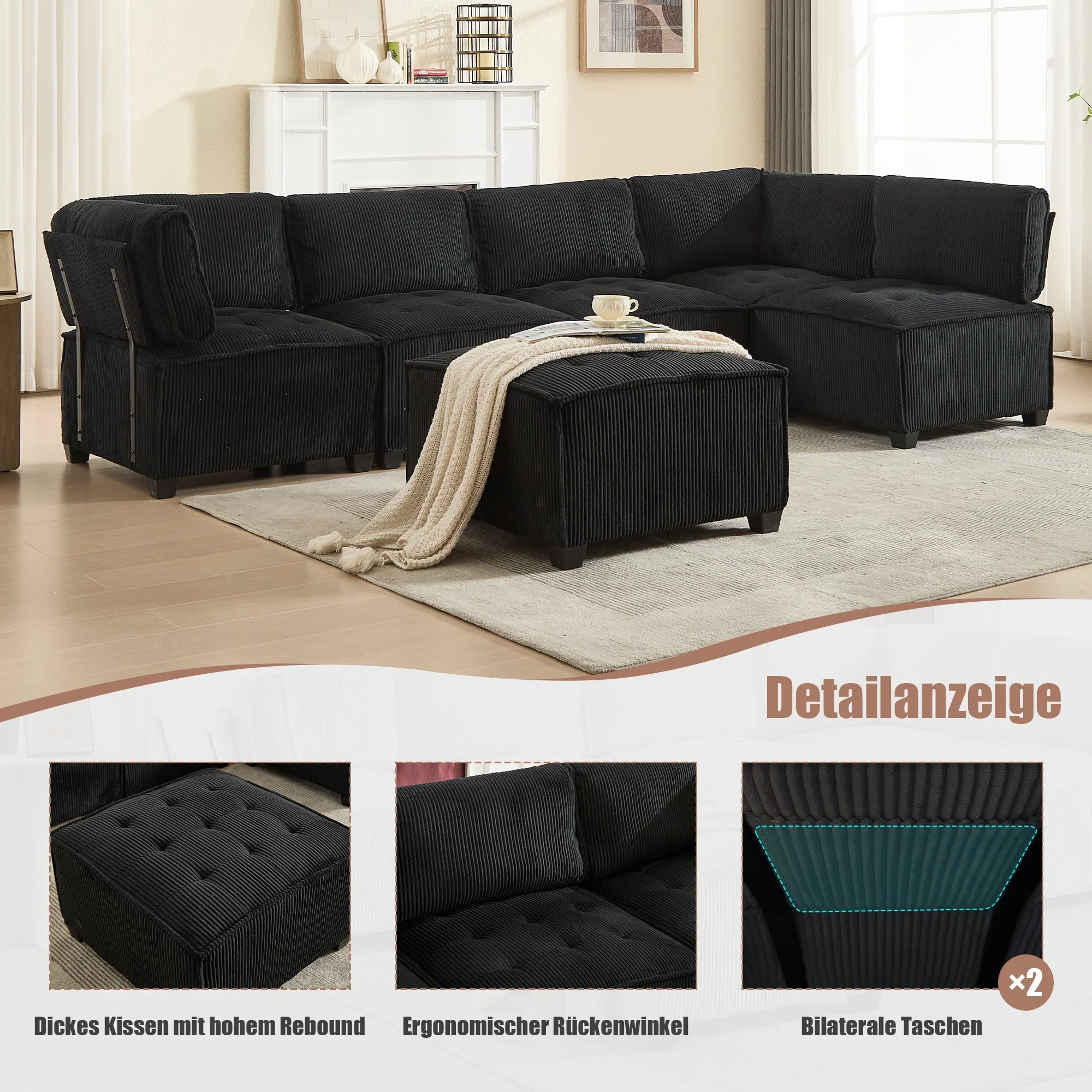 Modular Sofa 6-Seater 308cm, Ergonomic Storage Pockets, Corduroy Black - Image 4