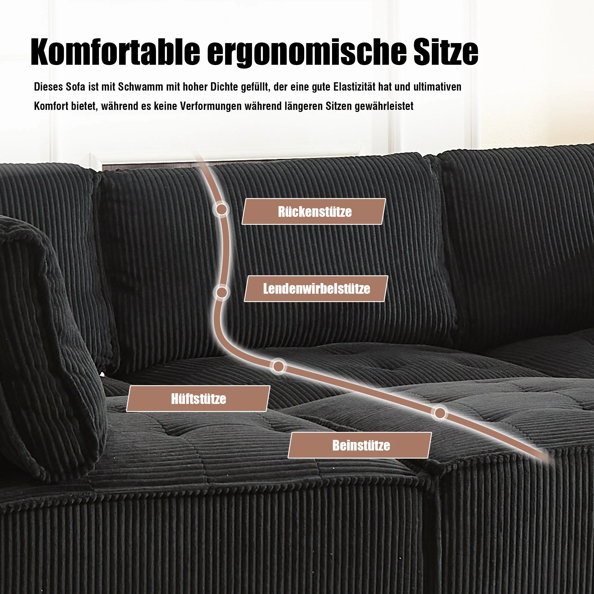 Modular Sofa 6-Seater 308cm, Ergonomic Storage Pockets, Corduroy Black - Image 7