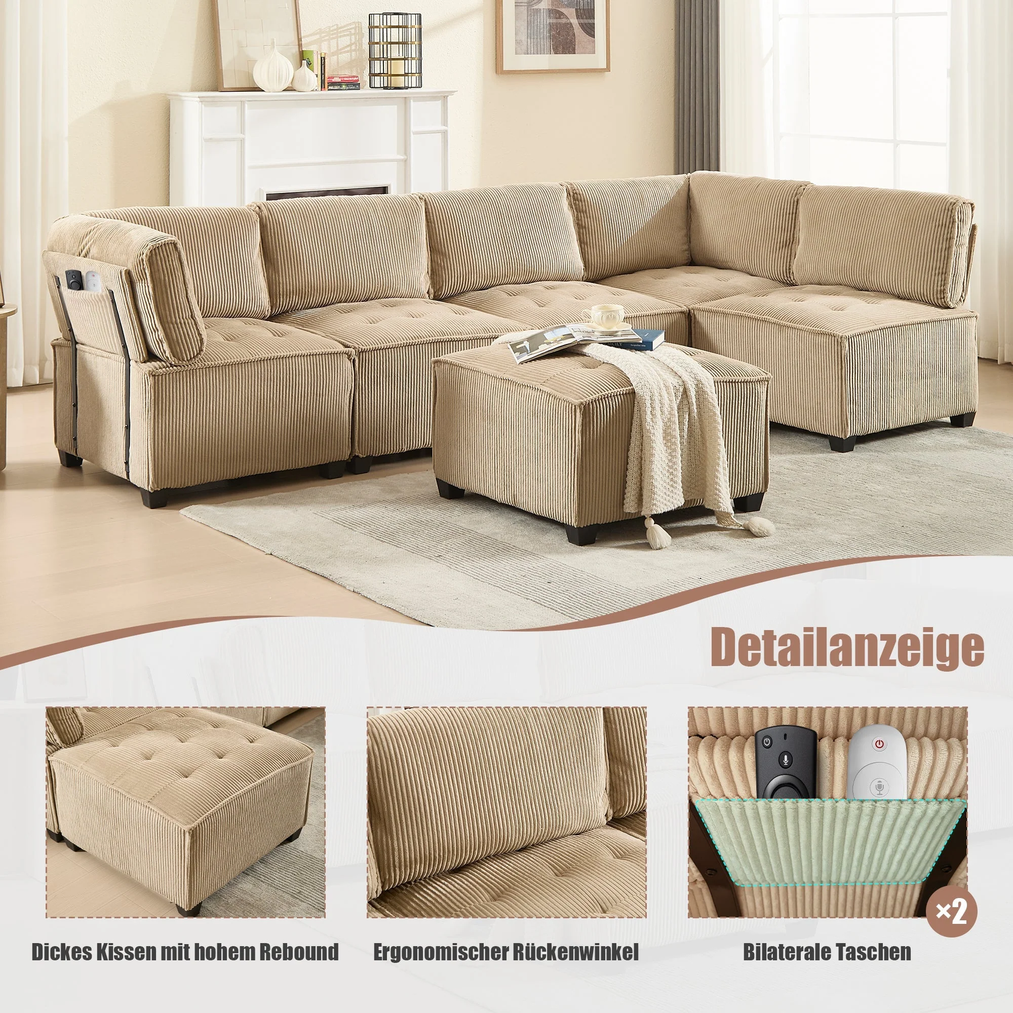 Modular Sofa 6-Seater Convertible Sleeper with Storage Pockets, Corduroy Khaki - Image 4