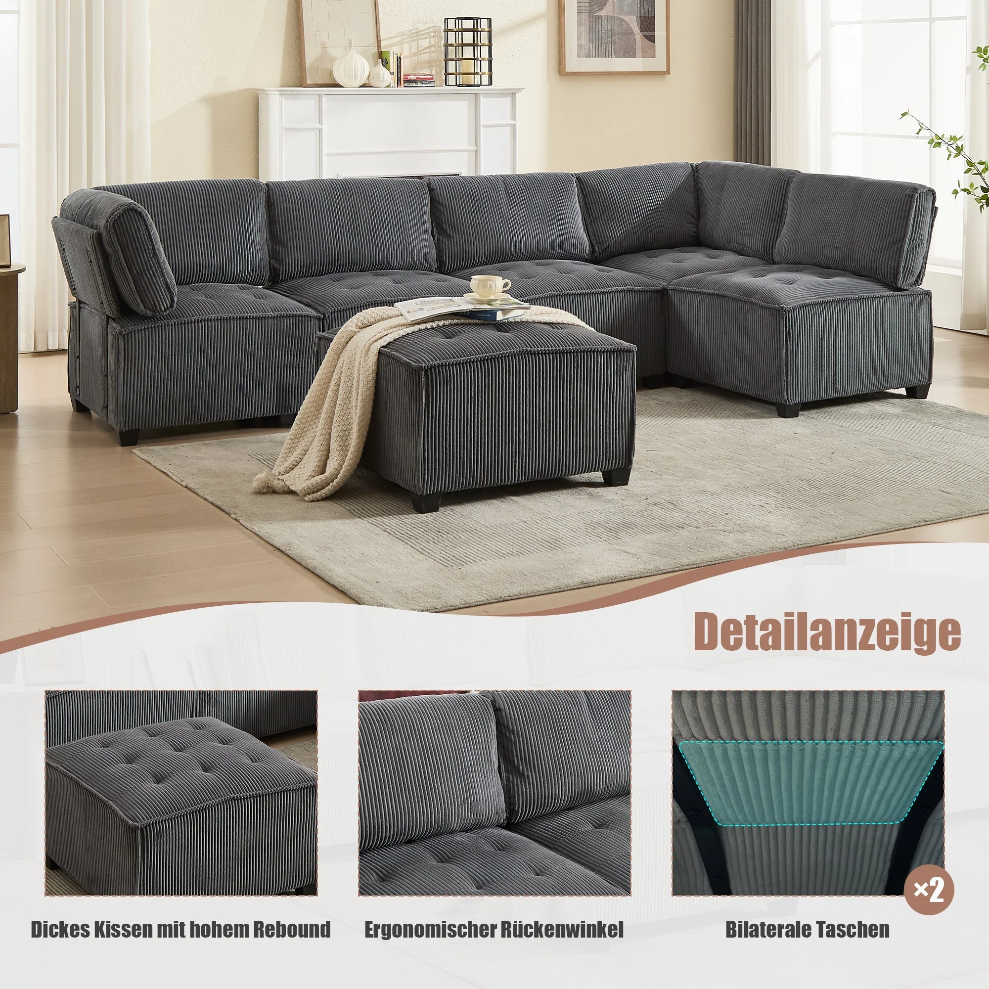 Modular Sofa 6-Seater Convertible U/L-Shape Sleeper Storage Pockets Corduroy Grey - Image 9