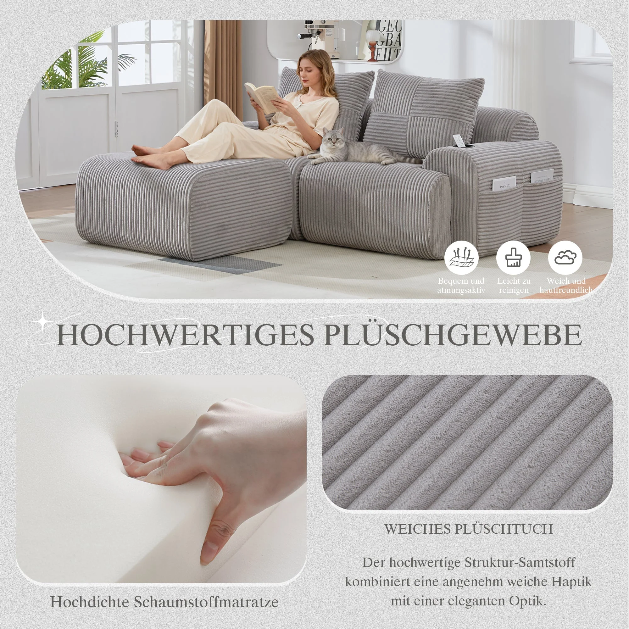 Modular Sofa for 2 People, Freely Combinable with Ottomans and Cup Holder, Light Grey Corduroy - Image 5