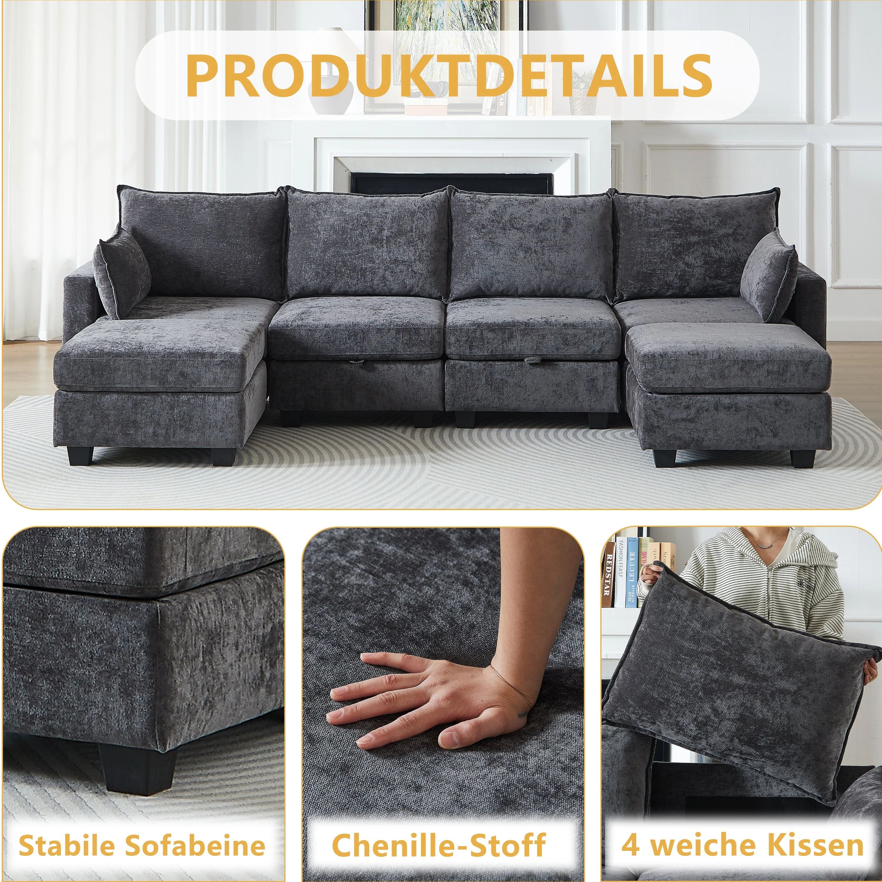 Modular Sofa U-Shaped 6-Seater Chaise Longue Storage Ottoman Chenille - Image 4