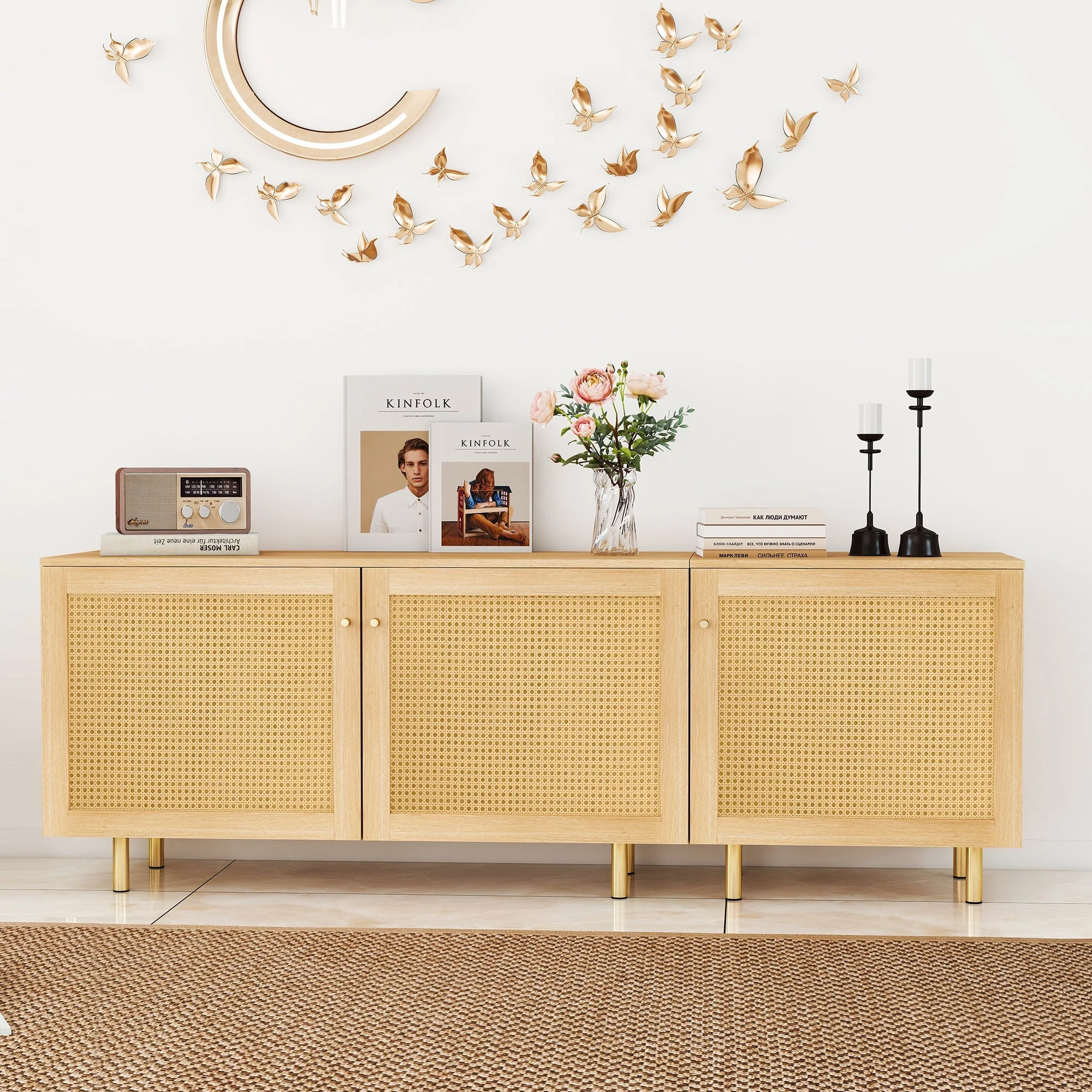 Modular Storage Cabinet Sideboard, 3-Door Rattan Rustic 180cm, Natural Wood Look - Image 5