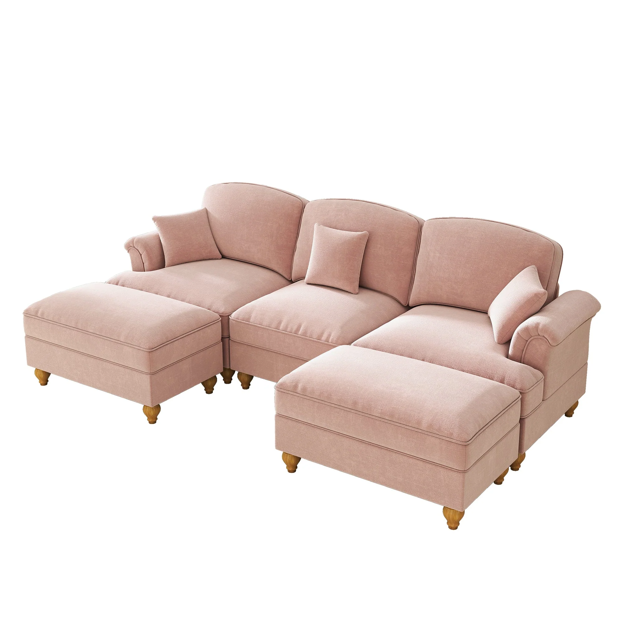 Modular U-Shaped Chenille Sofa, Movable Ottoman, Ruffled Apron - Pink - Image 10
