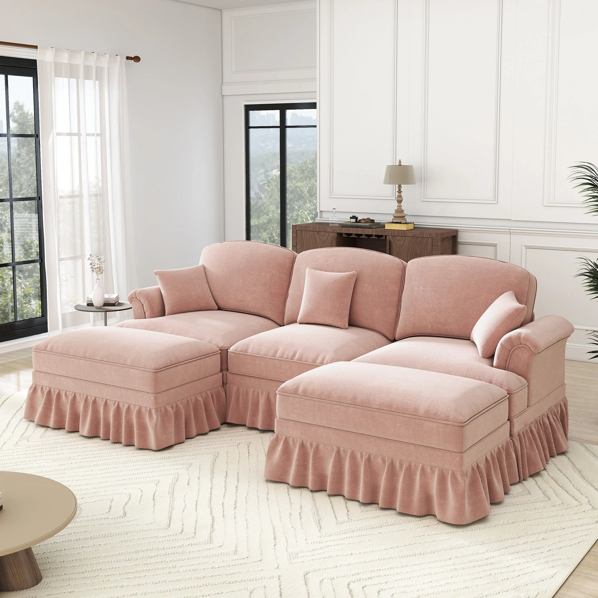 Modular U-Shaped Chenille Sofa, Movable Ottoman, Ruffled Apron - Pink - Image 2