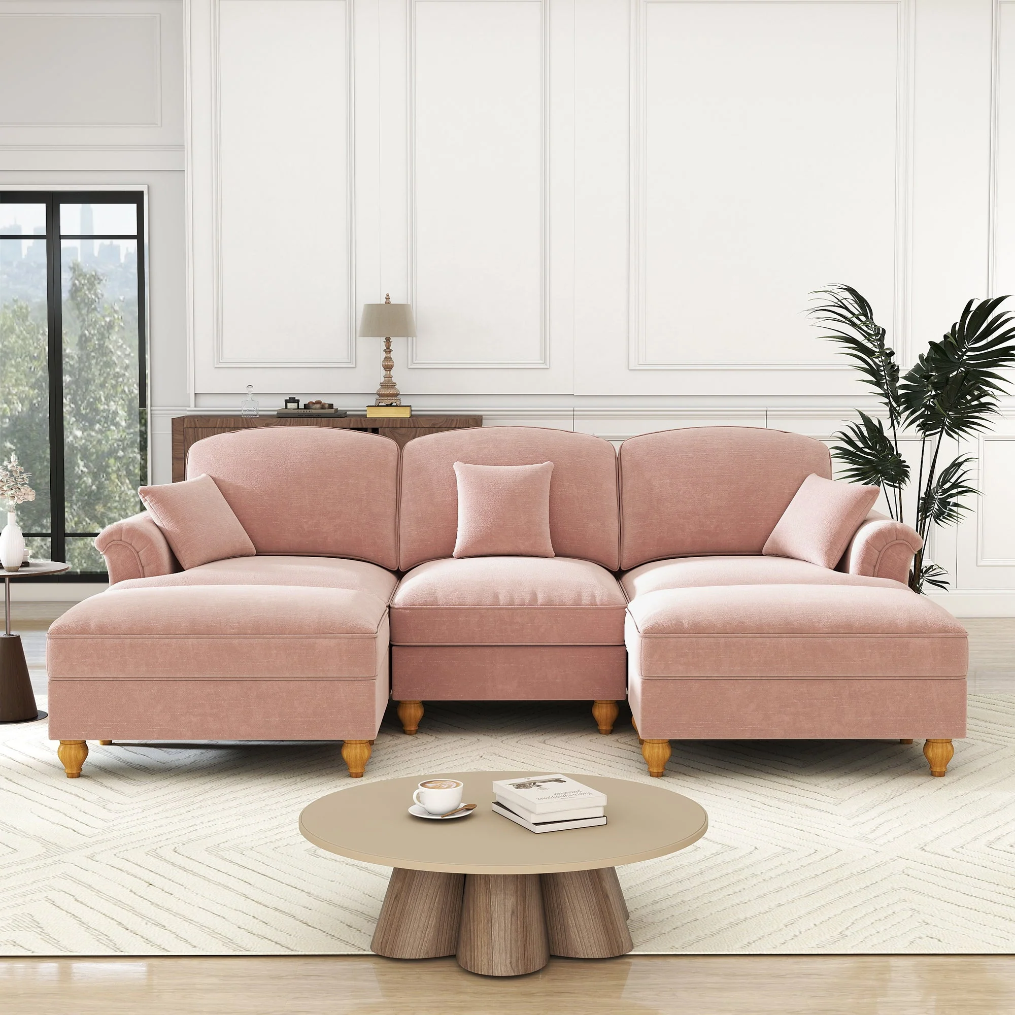 Modular U-Shaped Chenille Sofa, Movable Ottoman, Ruffled Apron - Pink - Image 3