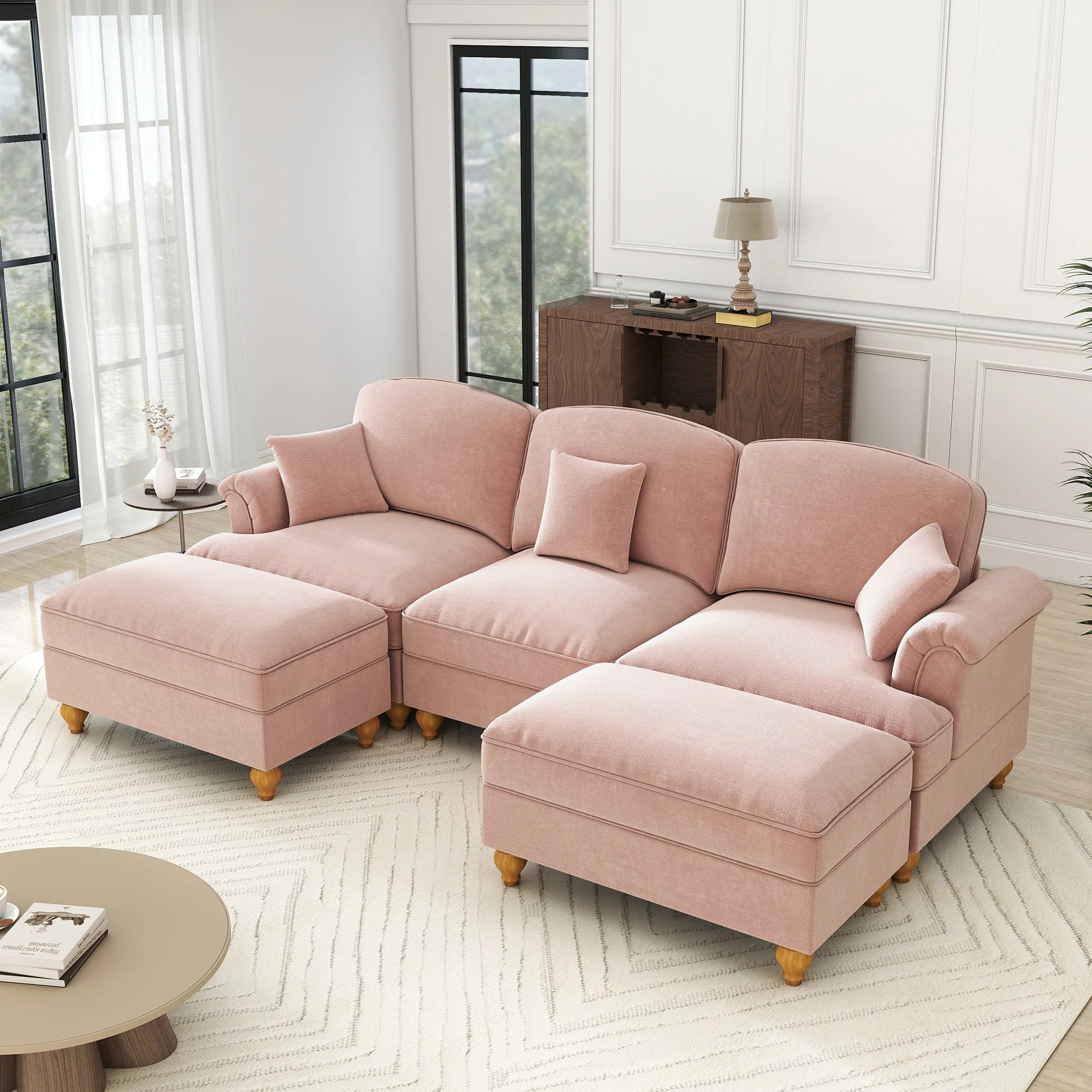 Modular U-Shaped Chenille Sofa, Movable Ottoman, Ruffled Apron - Pink - Image 5