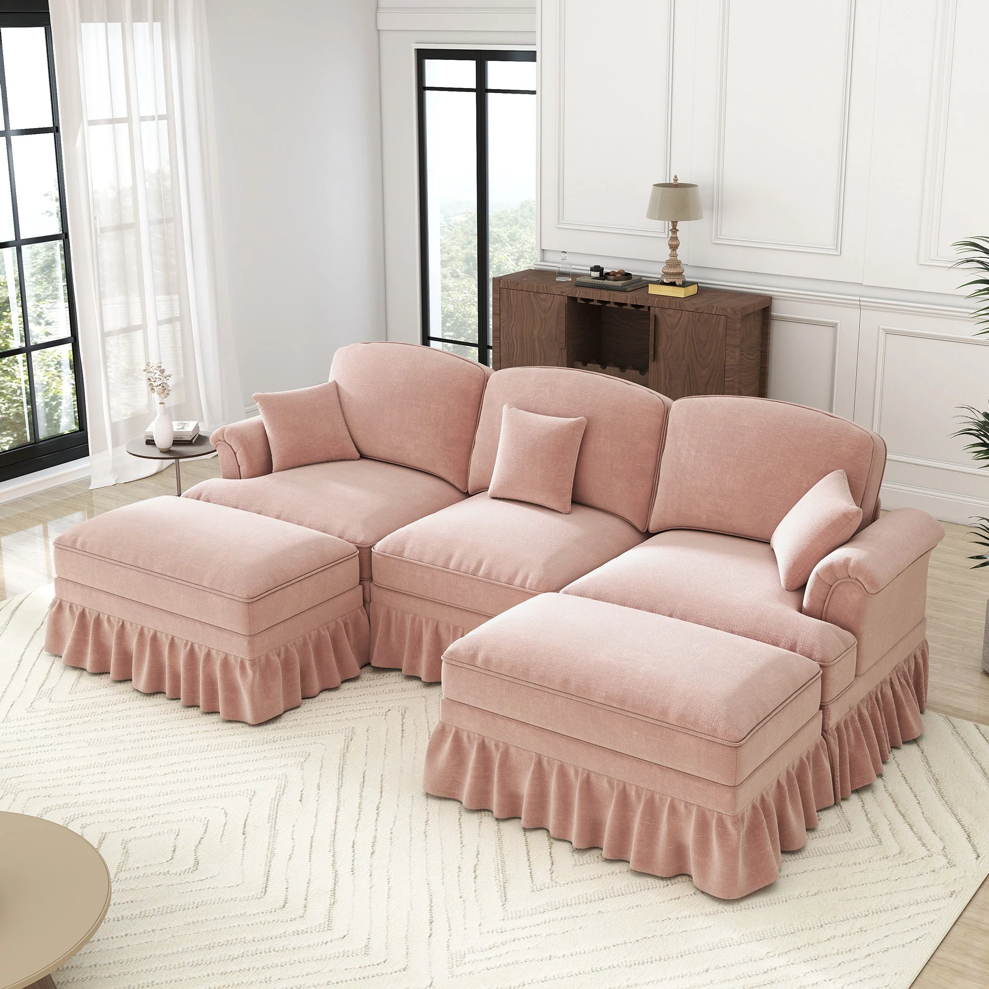 Modular U-Shaped Chenille Sofa, Movable Ottoman, Ruffled Apron - Pink - Image 6