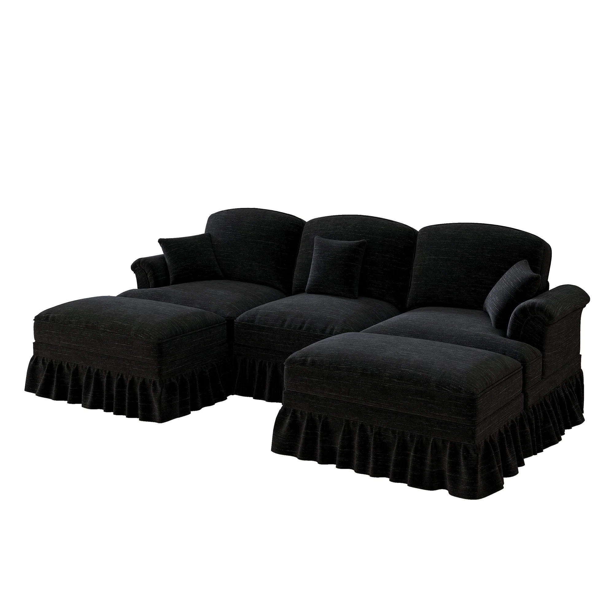 Modular U-Shaped Sofa Movable Ottoman Ruffled Apron Chenille Black - Image 10