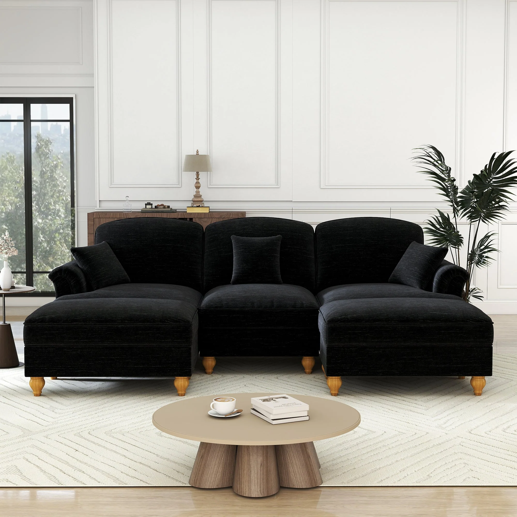 Modular U-Shaped Sofa Movable Ottoman Ruffled Apron Chenille Black - Image 3